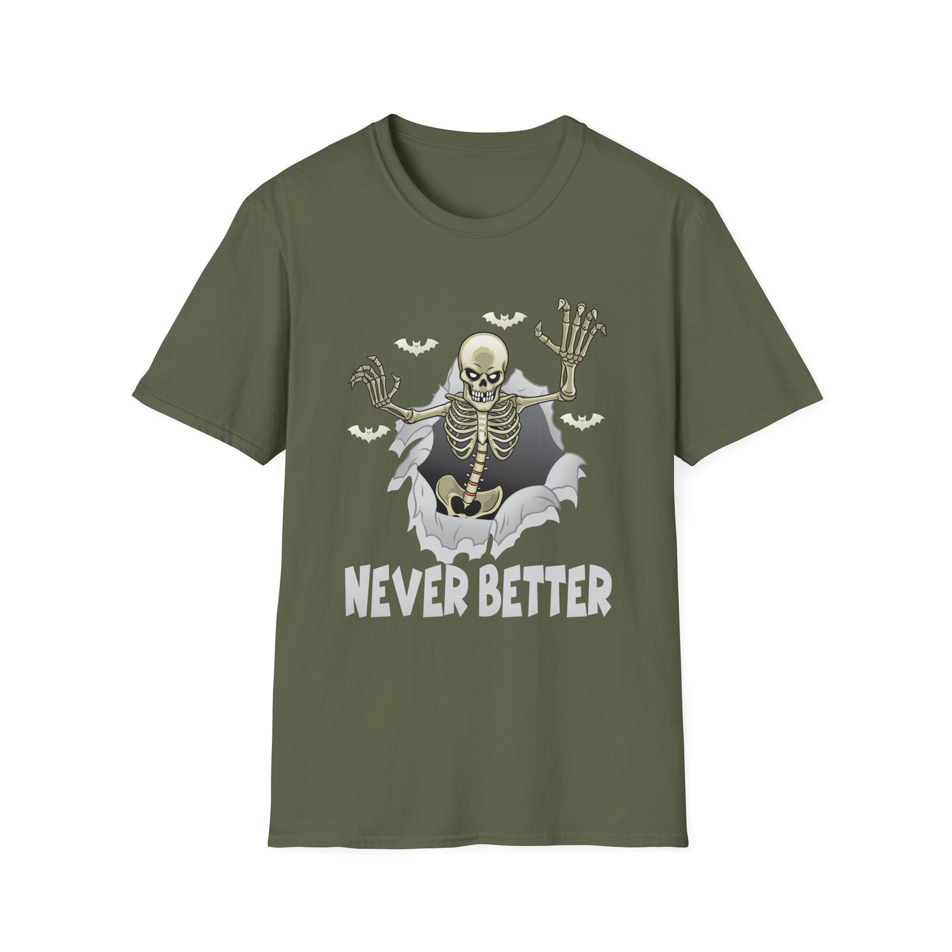 Never Better Skeleton T-Shirt — Funny Halloween Skull Tee