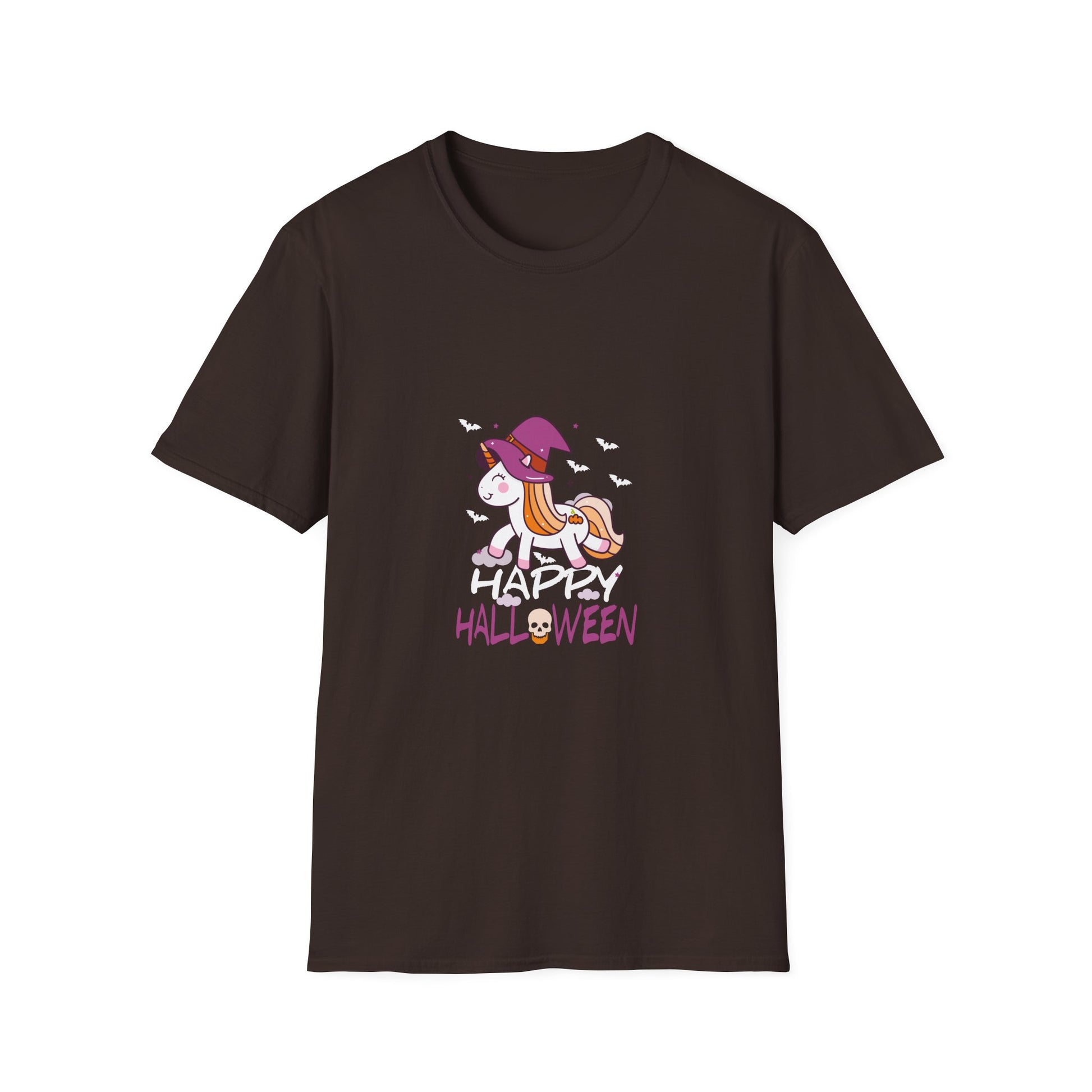 Happy Halloween Unicorn T-Shirt — Cute Witch Hat Unicorn with Bats & Skull
