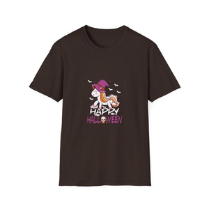 Happy Halloween Unicorn T-Shirt — Cute Witch Hat Unicorn with Bats & Skull