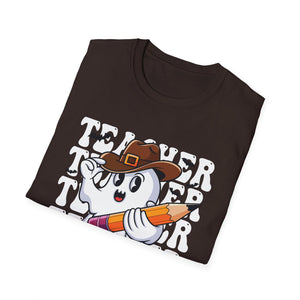 Teacher Ghost Thanksgiving T-Shirt — Cute Pilgrim Ghost Holding Pencil Tee for Educators