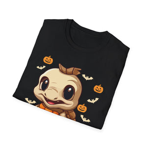 Cute Dinosaur Halloween T-Shirt — Baby Dino with Jack-O'-Lantern Pumpkins