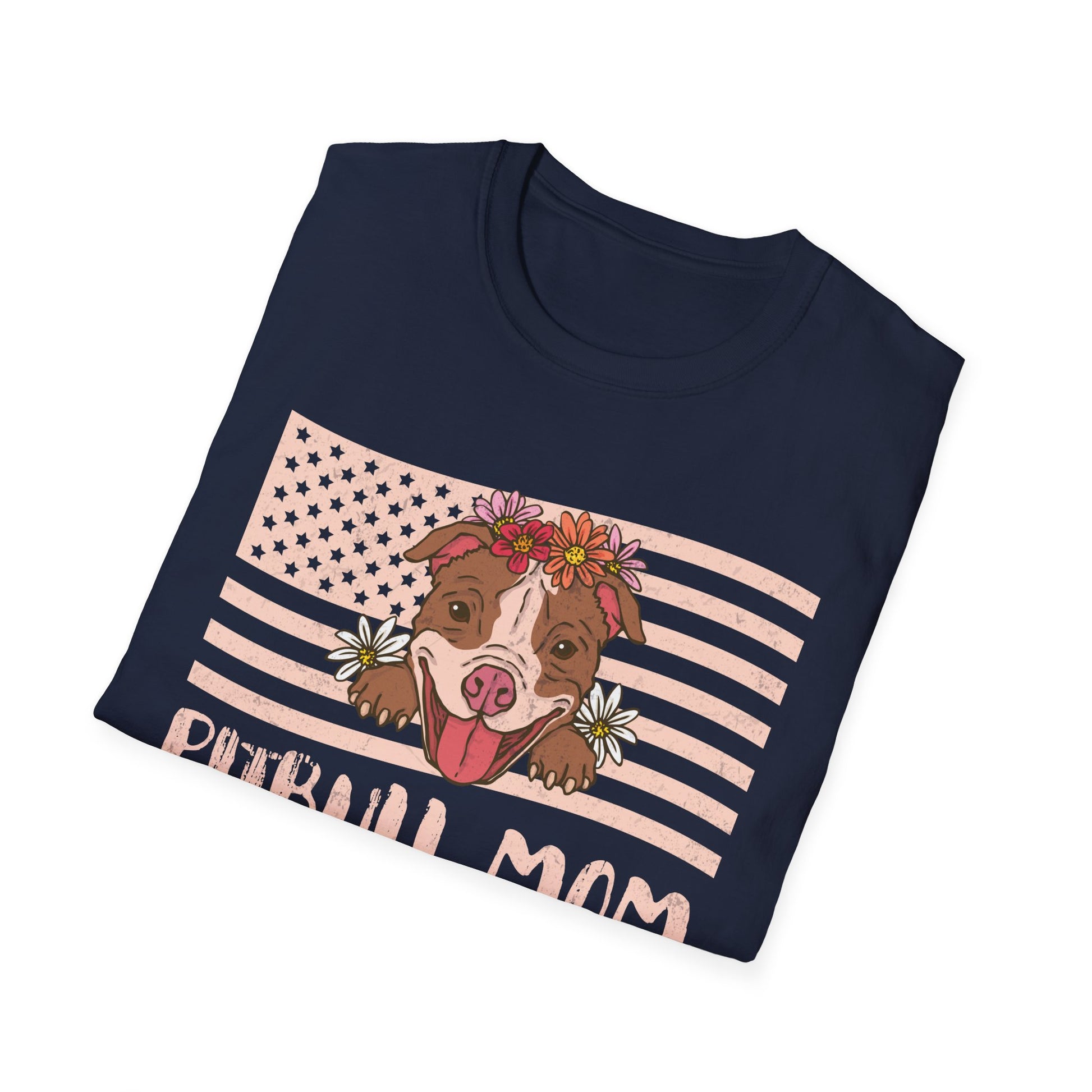 Pitbull Mom T-Shirt – Floral Pitbull with American Flag