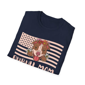 Pitbull Mom T-Shirt – Floral Pitbull with American Flag