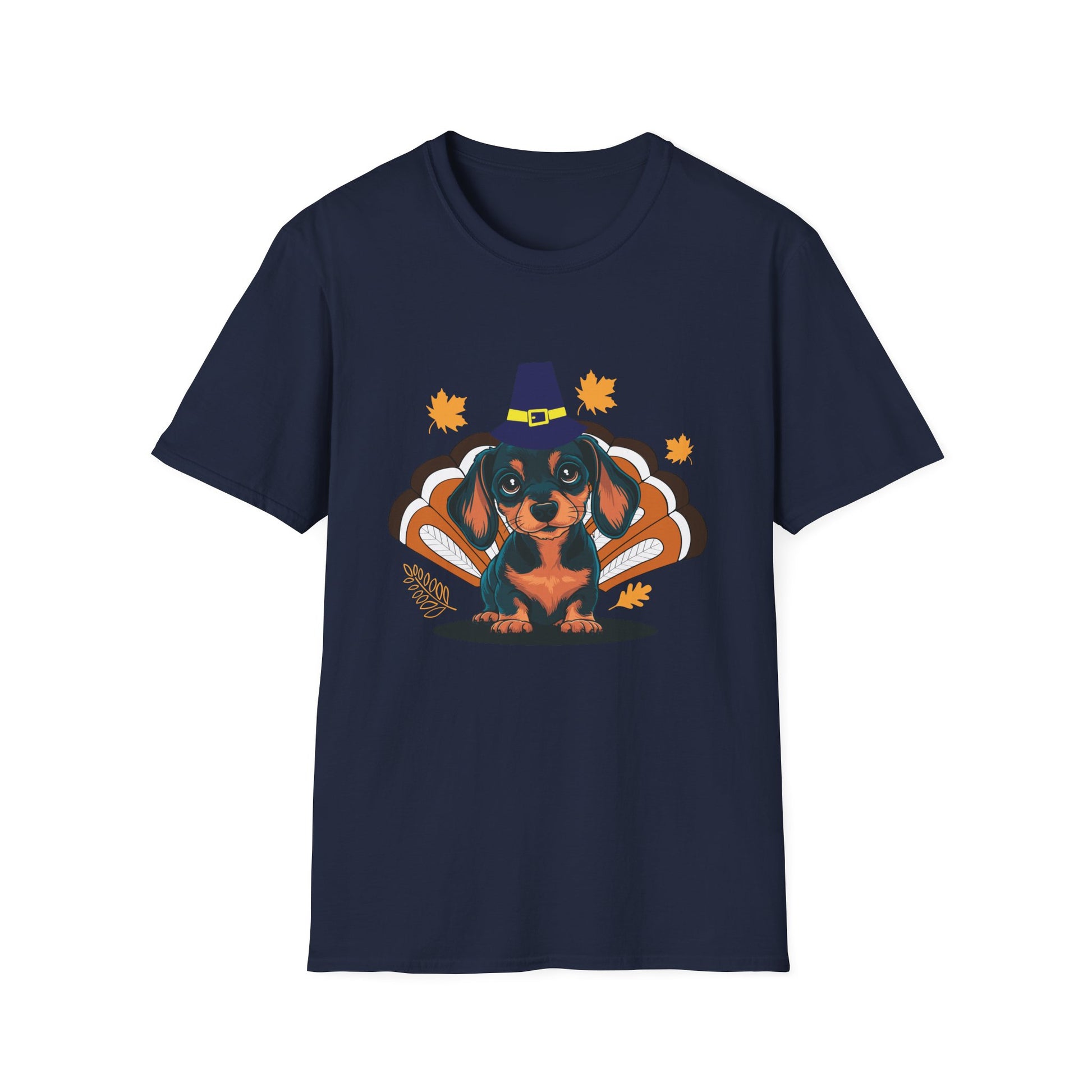 Thanksgiving Dachshund T-Shirt — Cute Turkey Costume Pup with Witch Hat & Autumn Leaves  Unisex T-Shirt