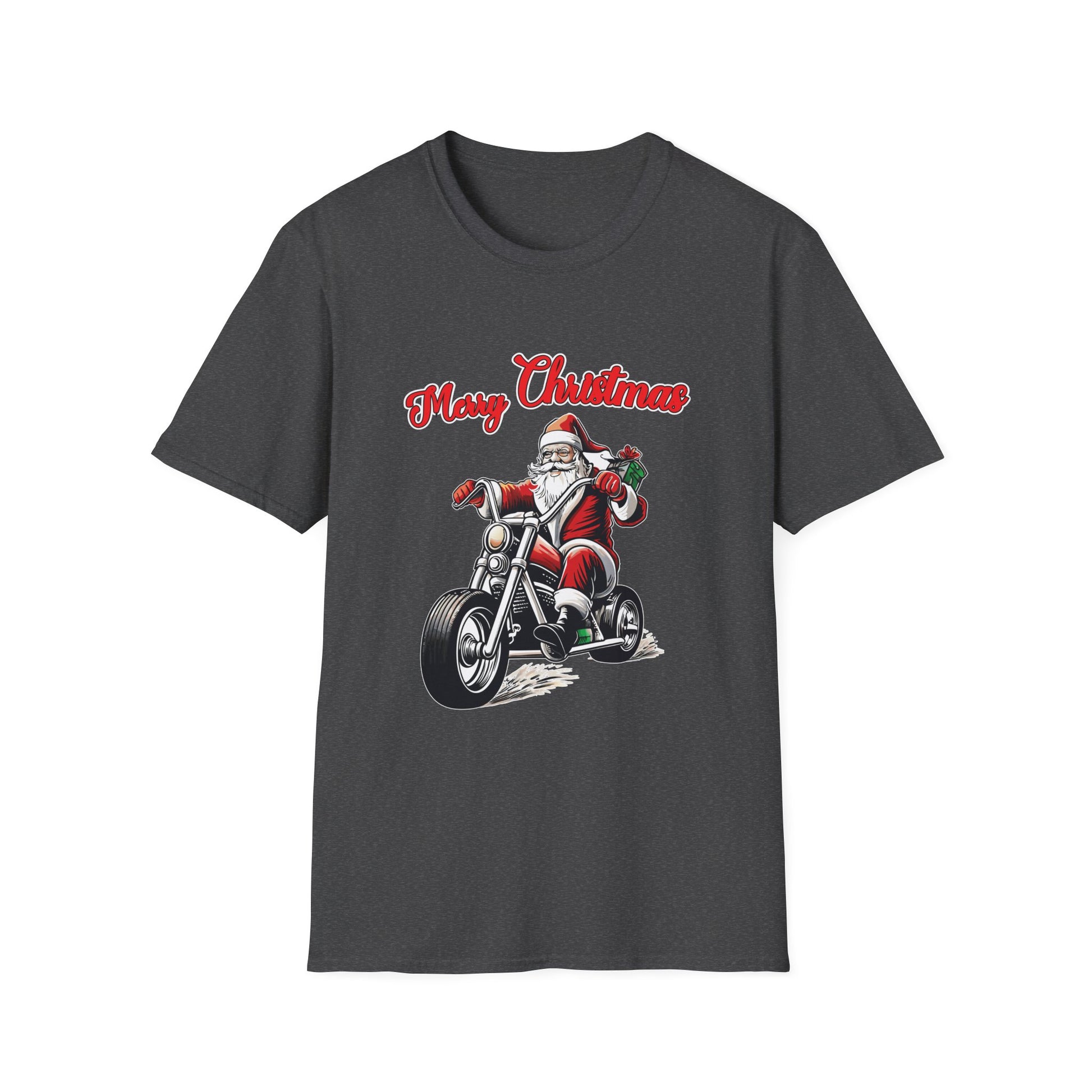 Santa Riding a Motorbike Christmas Tee_ Motorcycle Christmas Unisex Softstyle T-Shirt