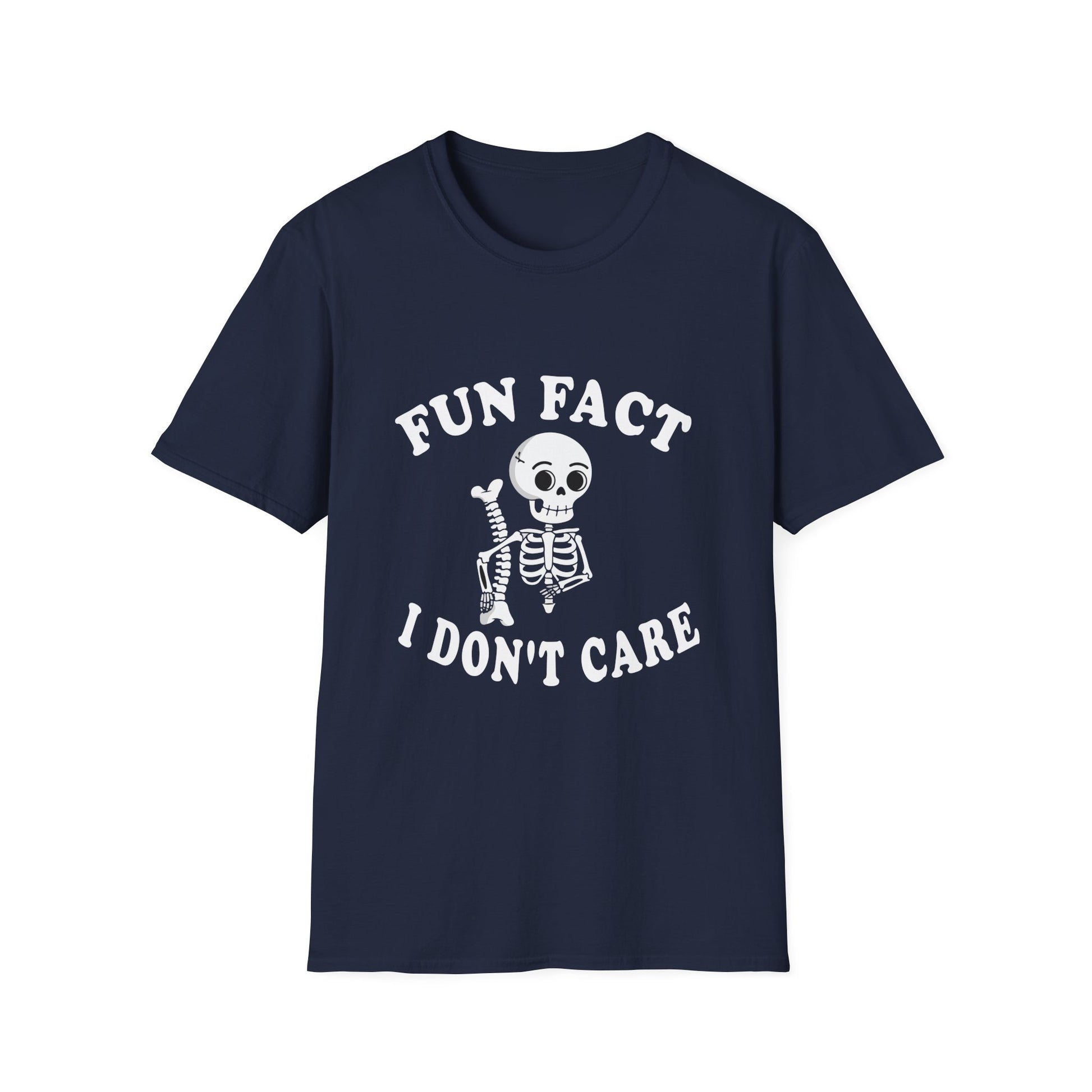Fun Fact I Don't Care T-Shirt — Skeletal Graphic Tee for Sarcastic Humor & Halloween