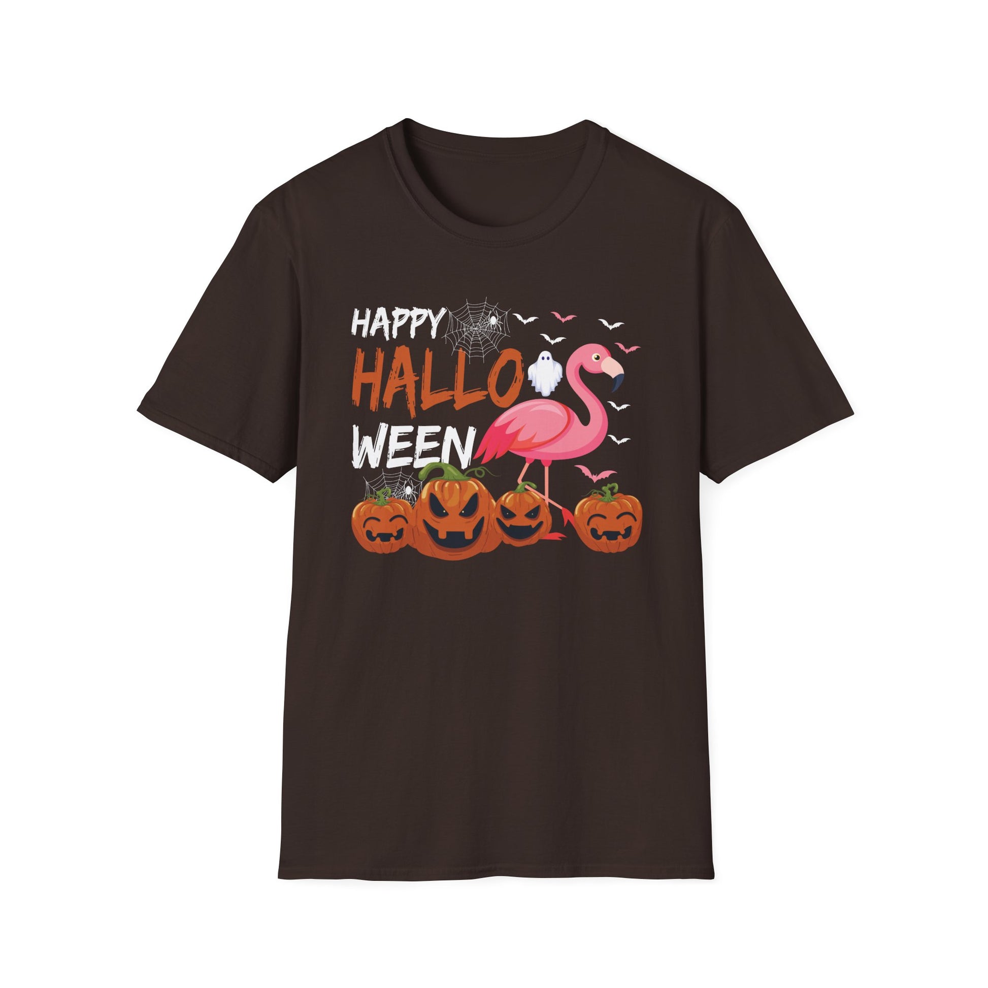 Happy Halloween Flamingo T-Shirt — Cute Pink Flamingo with Jack-O'-Lanterns Halloween Tee