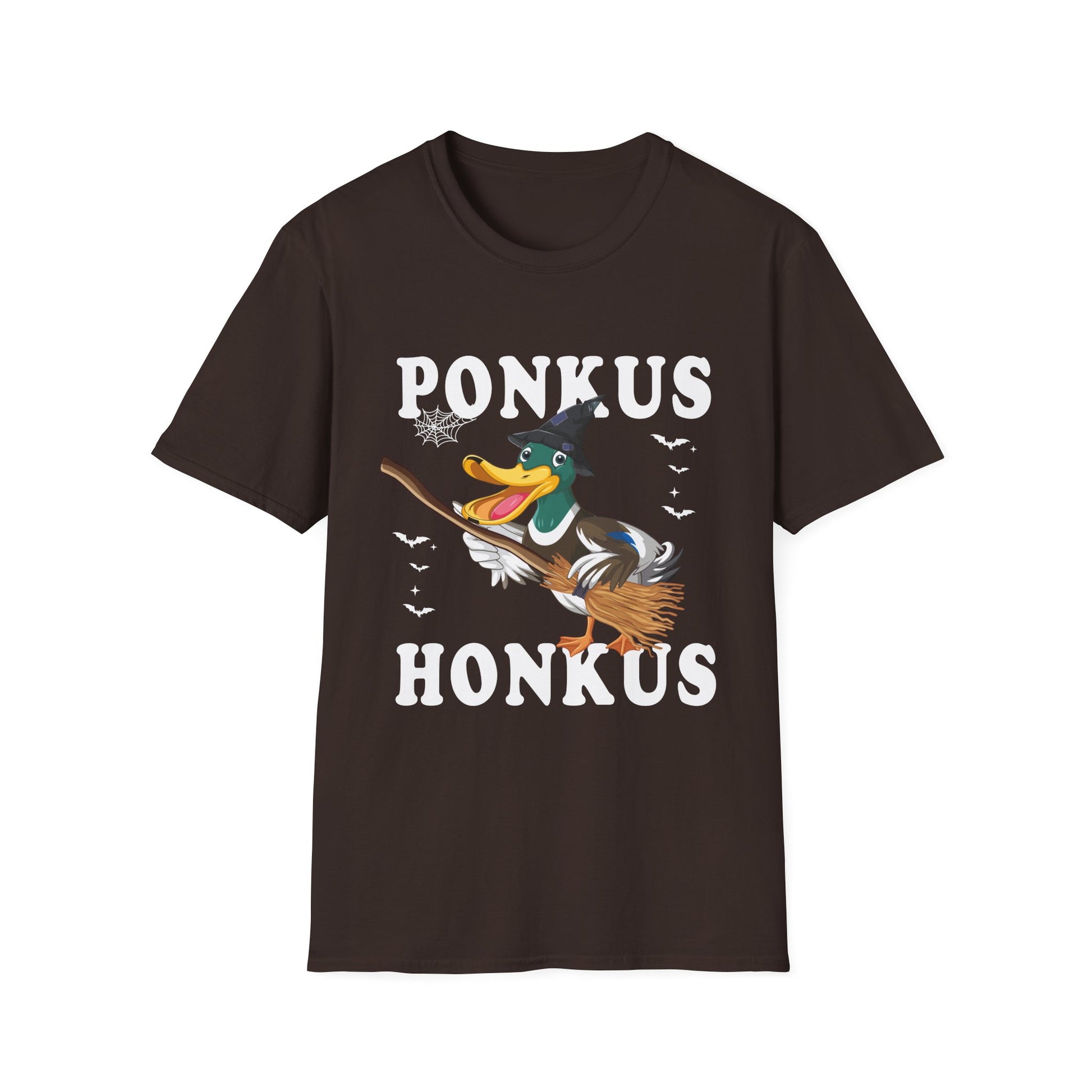 Ponkus Honkus Duck Witch T‑Shirt — Funny Halloween Broomstick Duck Tee
