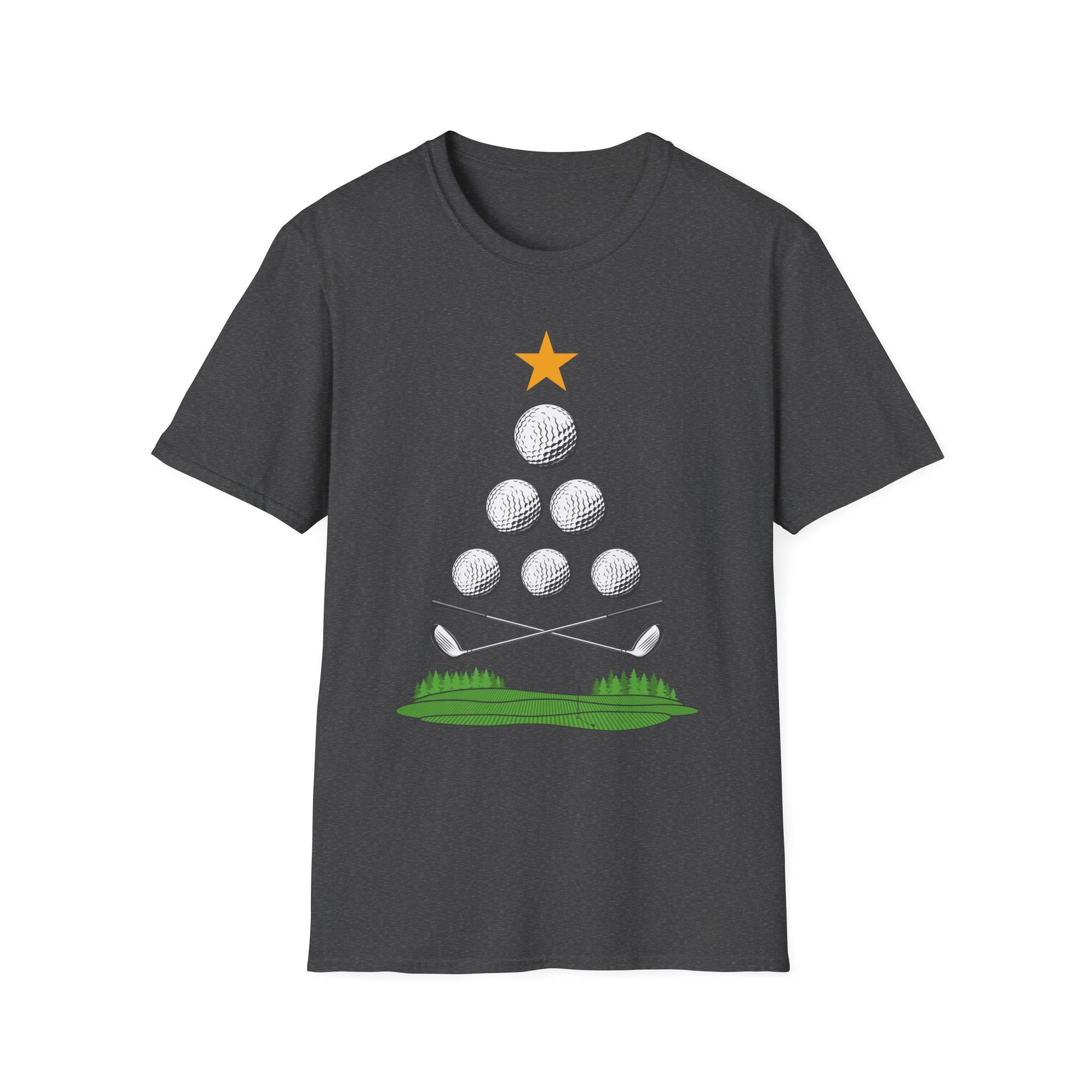 Golf Christmas Tree T-Shirt — Golf Ball Tree with Crossed Clubs Holiday Tee