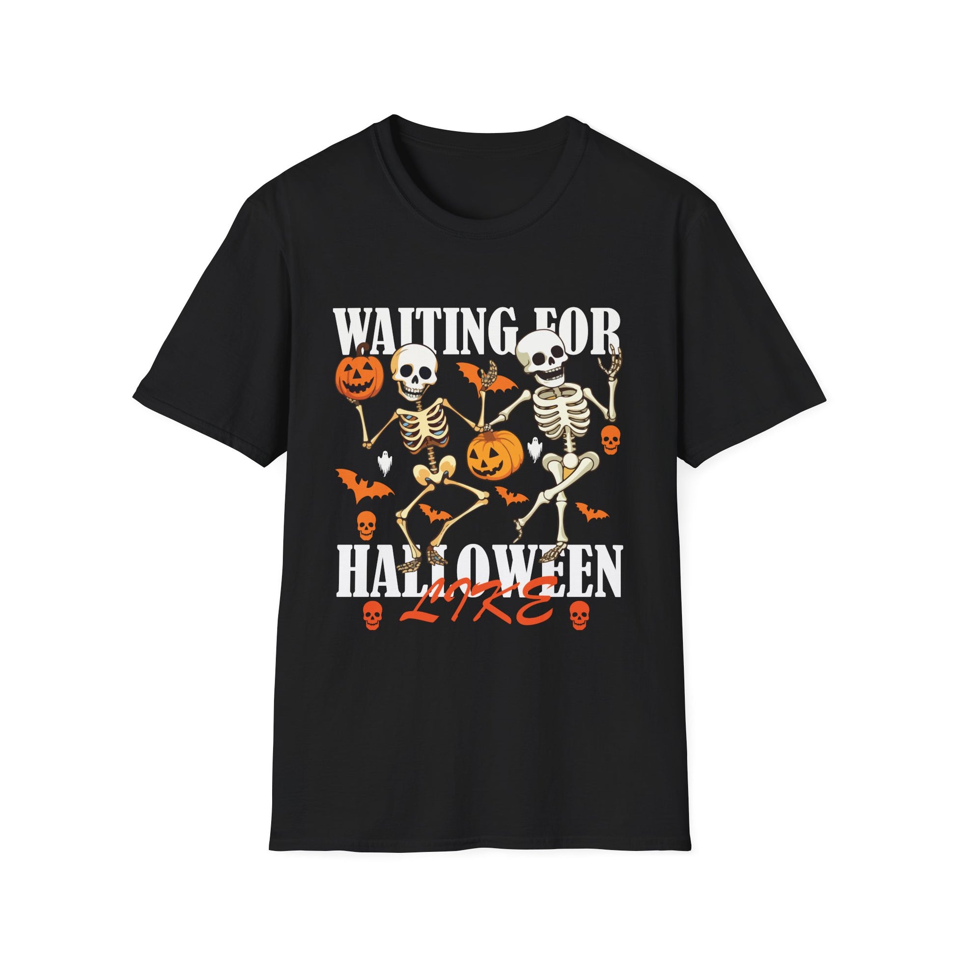 Waiting For Halloween Like T-Shirt — Dancing Skeletons & Pumpkin Halloween Tee