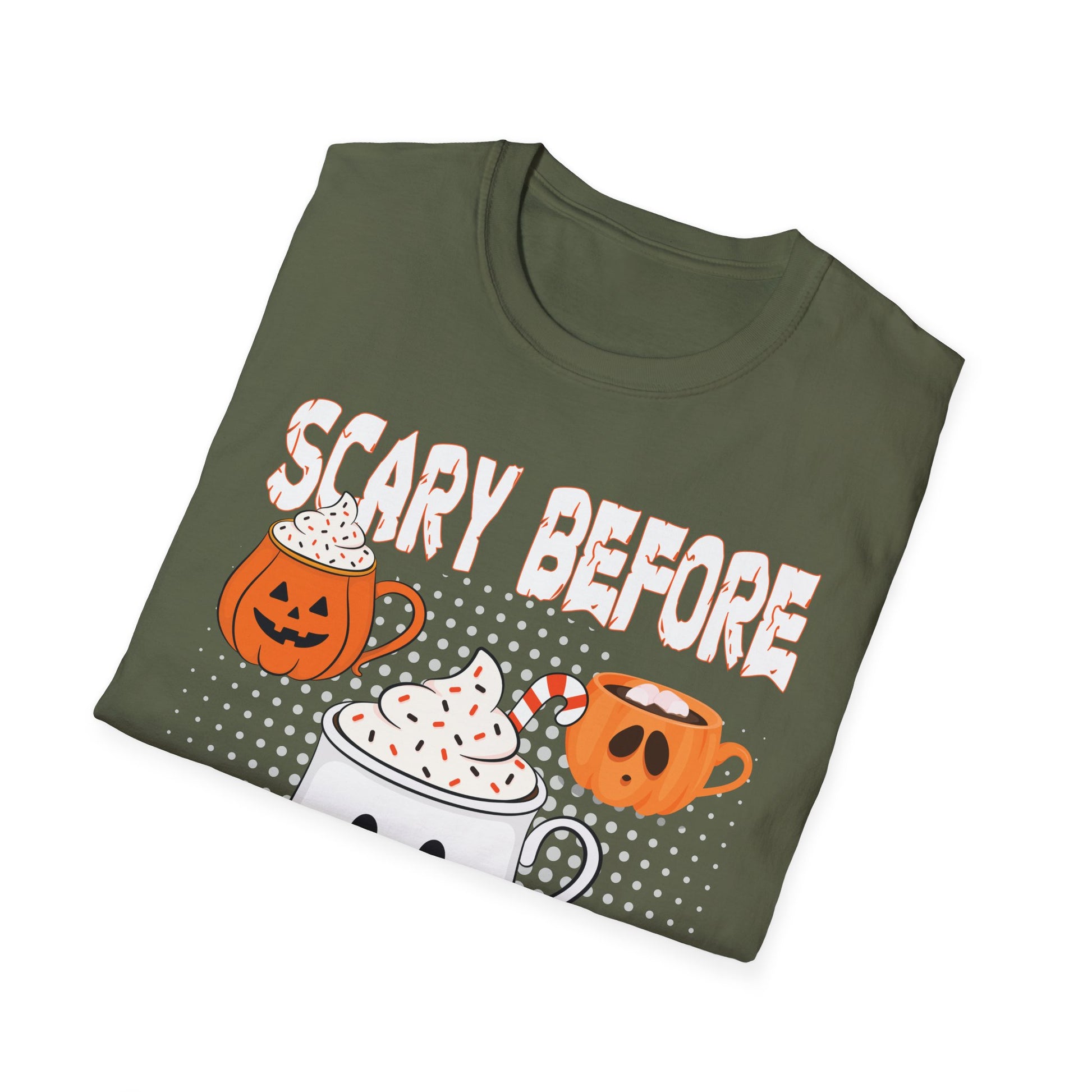 Halloween Coffee T‑Shirt — "Scary Before My Coffee" Cute Pumpkin & Mug Graphic