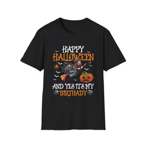 Halloween Birthday T-Shirt – “Happy Halloween And Yes It’s My Birthday” Pumpkin & Witch Tee
