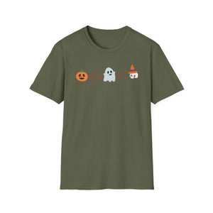 Halloween Heartbeat T-Shirt — Pumpkin, Ghost & Candy Skull Graphic Tee