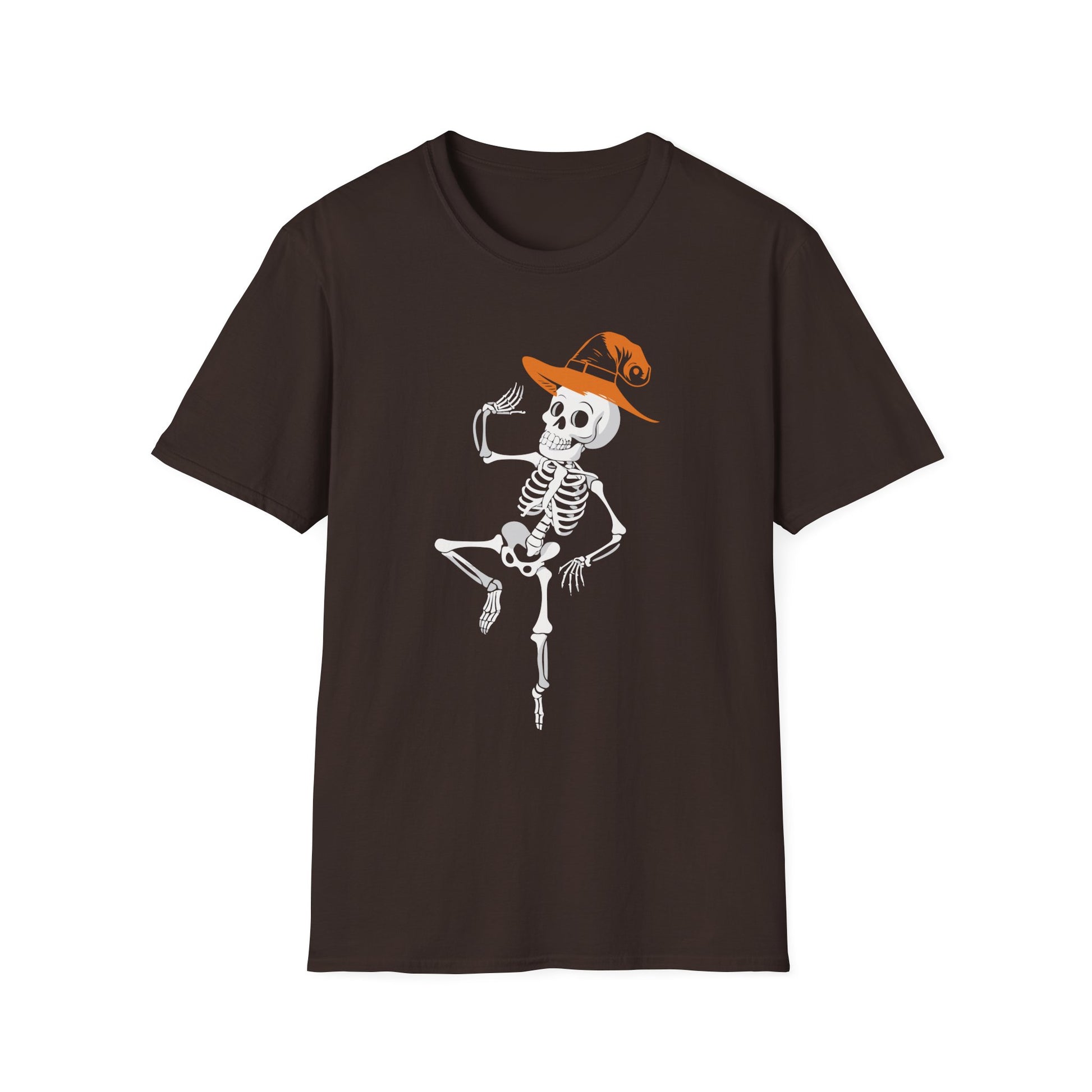 Dancing Skeleton Tee with Orange Witch Hat – Halloween Party T-Shirt
