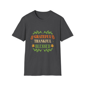Grateful Thankful Blessed T‑Shirt — Thanksgiving Fall Shirt with Autumn Leaf Design  Unisex T-Shirt