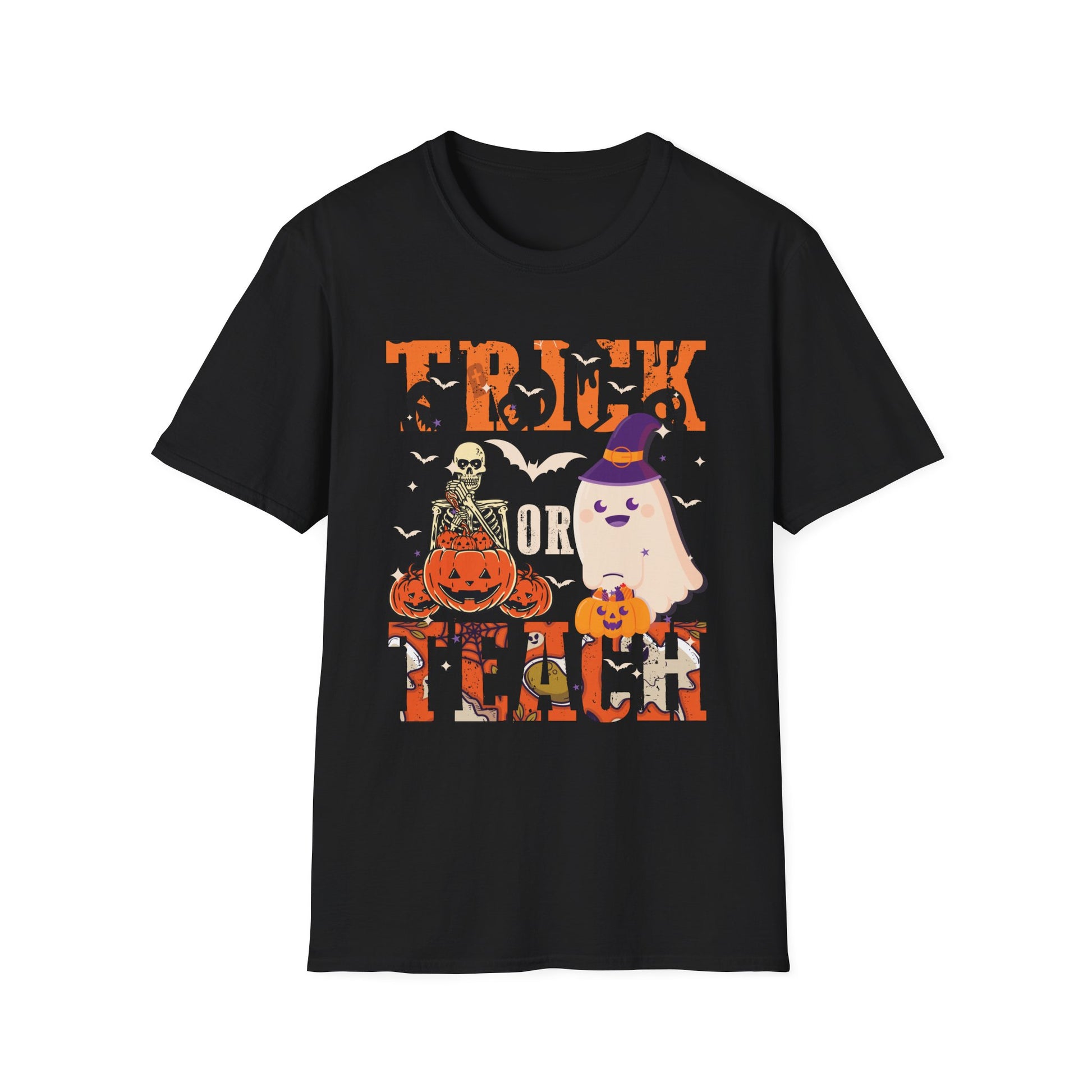 Trick or Teach Halloween T-Shirt — Cute Ghost & Pumpkin Teacher Tee