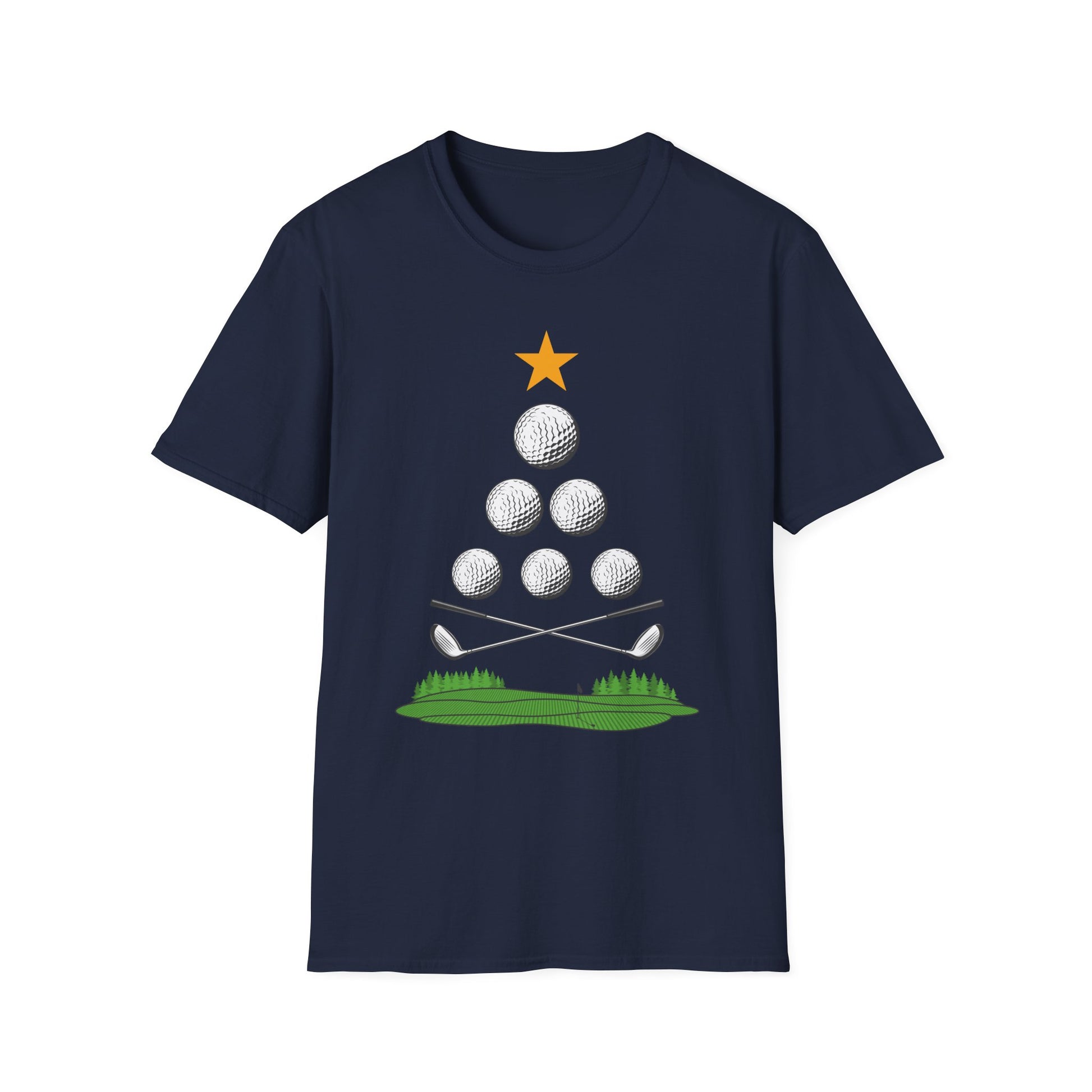 Golf Christmas Tree T-Shirt — Golf Ball Tree with Crossed Clubs Holiday Tee