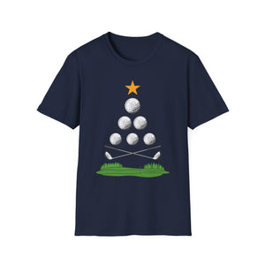 Golf Christmas Tree T-Shirt — Golf Ball Tree with Crossed Clubs Holiday Tee
