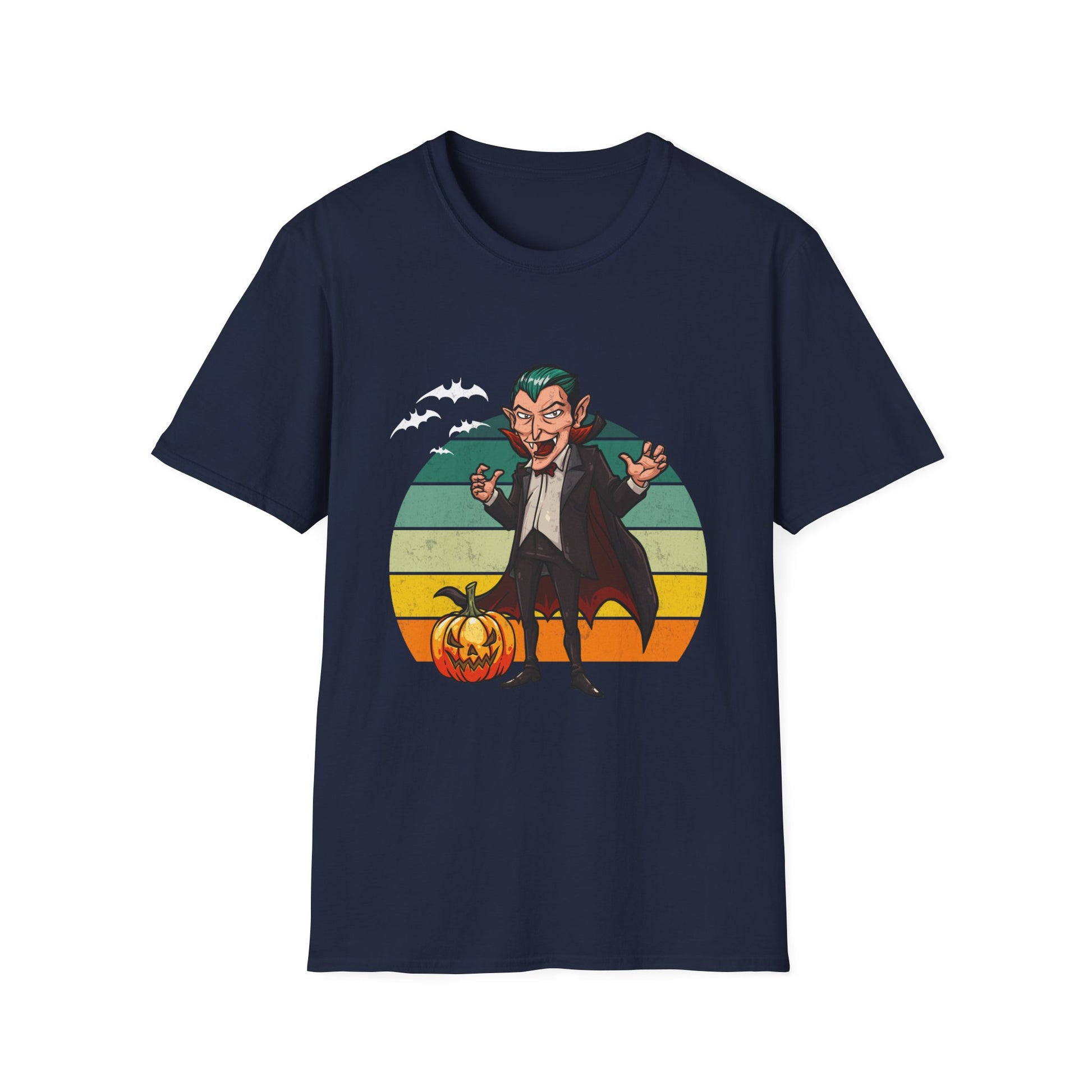 Vampire Cartoon Halloween T-Shirt — Retro Striped Dracula with Pumpkin
