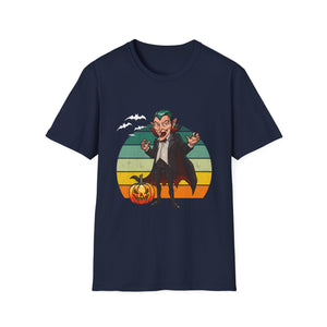 Vampire Cartoon Halloween T-Shirt — Retro Striped Dracula with Pumpkin