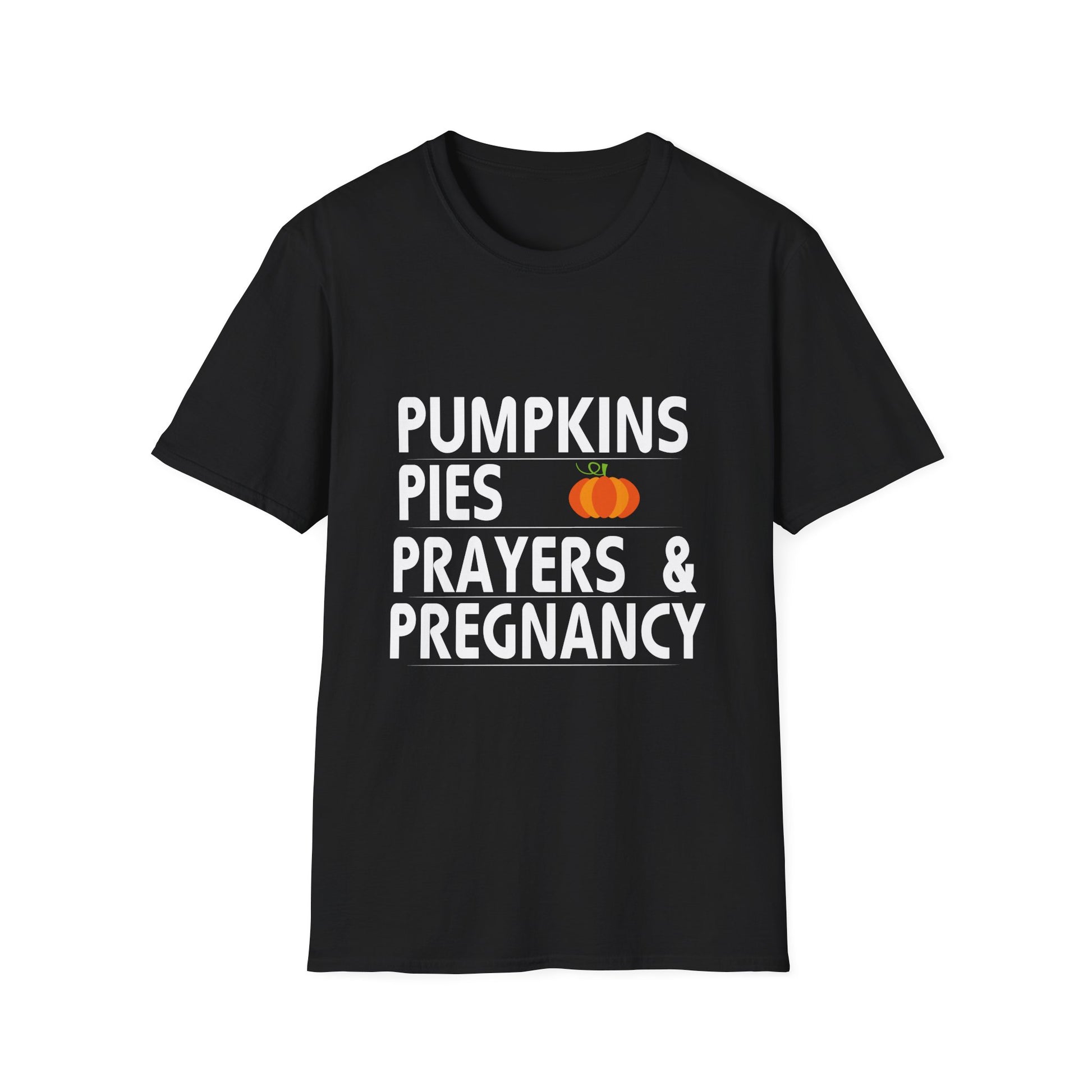 Pregnancy T-Shirt — "Pumpkins Pies Prayers & Pregnancy" Fall Maternity Tee
