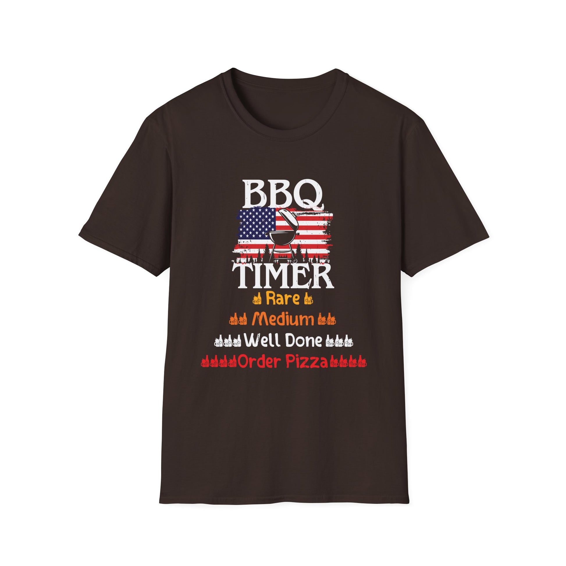 BBQ Timer T-Shirt – Funny Grilling Shirt with American Flag & Doneness Levels (Rare, Medium, Well Done)