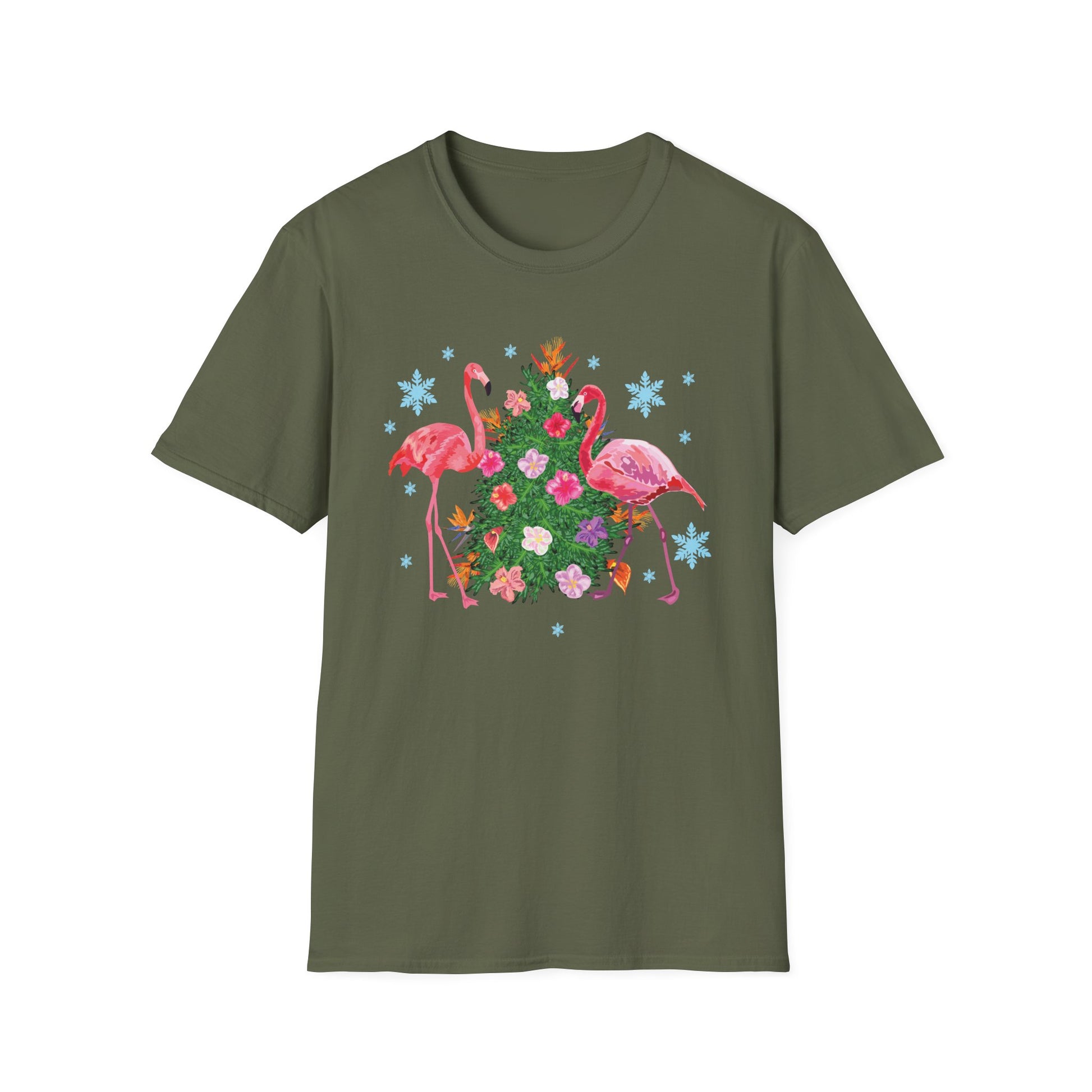 Flamingo Holiday T-Shirt — Festive Flamingos with Christmas Tree