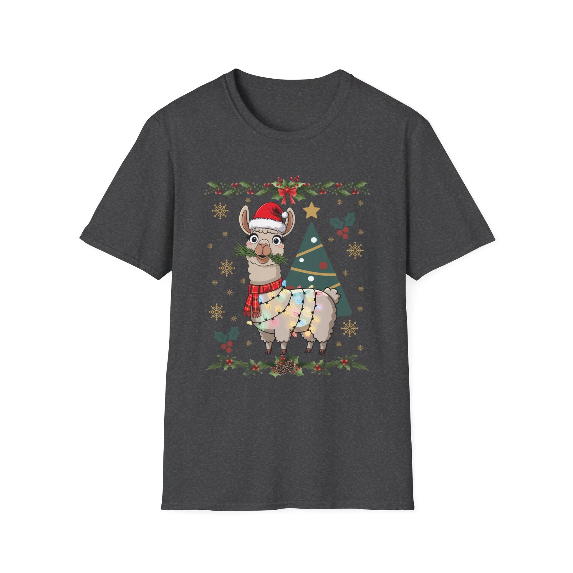 Christmas Llama T-Shirt — Festive Holiday Alpaca with Lights & Tree
