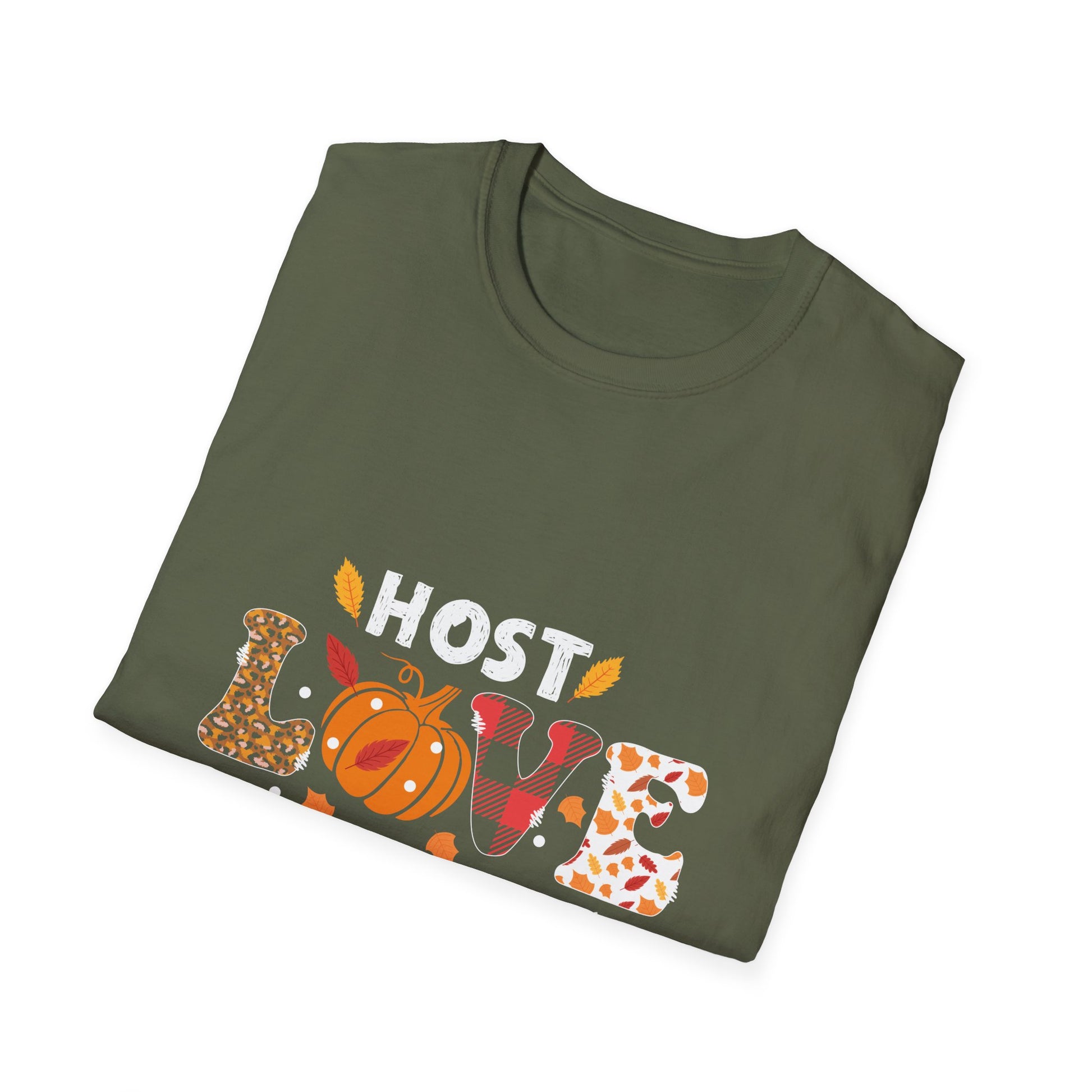 Thanksgiving Host Love T-Shirt — Pumpkin & Fall Leaves Holiday Tee