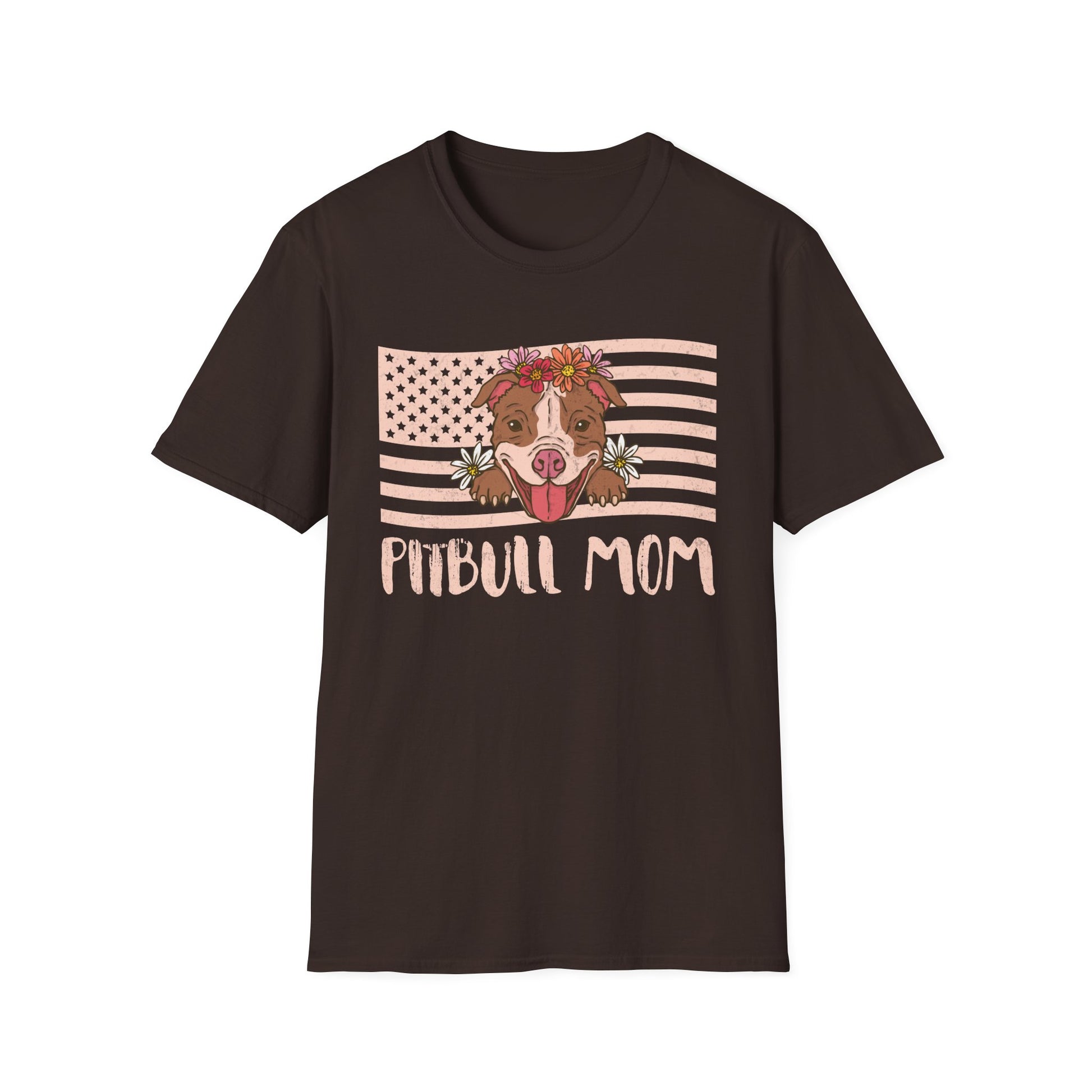 Pitbull Mom T-Shirt – Floral Pitbull with American Flag