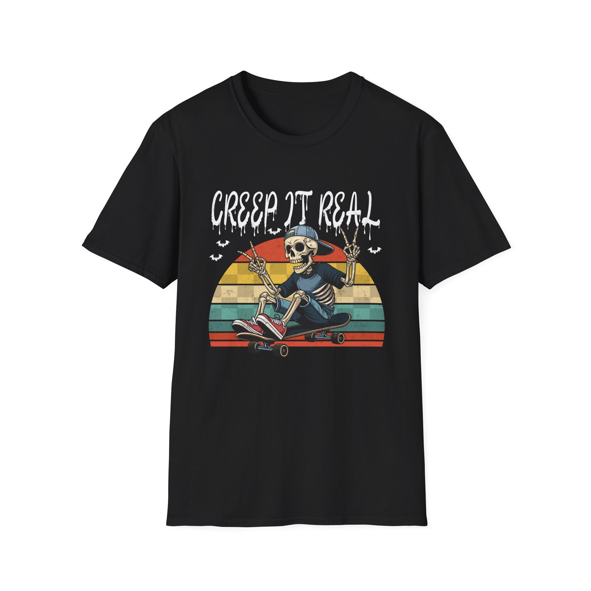 Creep It Real Skateboard Skeleton T-Shirt — Retro Halloween Skull Tee