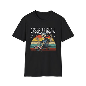 Creep It Real Skateboard Skeleton T-Shirt — Retro Halloween Skull Tee
