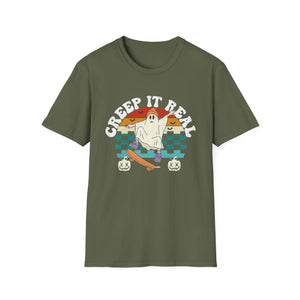 Creep It Real Skate Ghost T-Shirt — Retro Halloween Tee