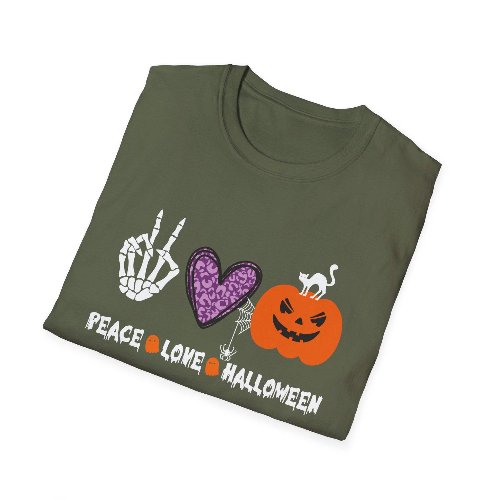 Peace Love Halloween skeleton Hands Funny Halloween Costume TeeUnisex Softstyle T-Shirt