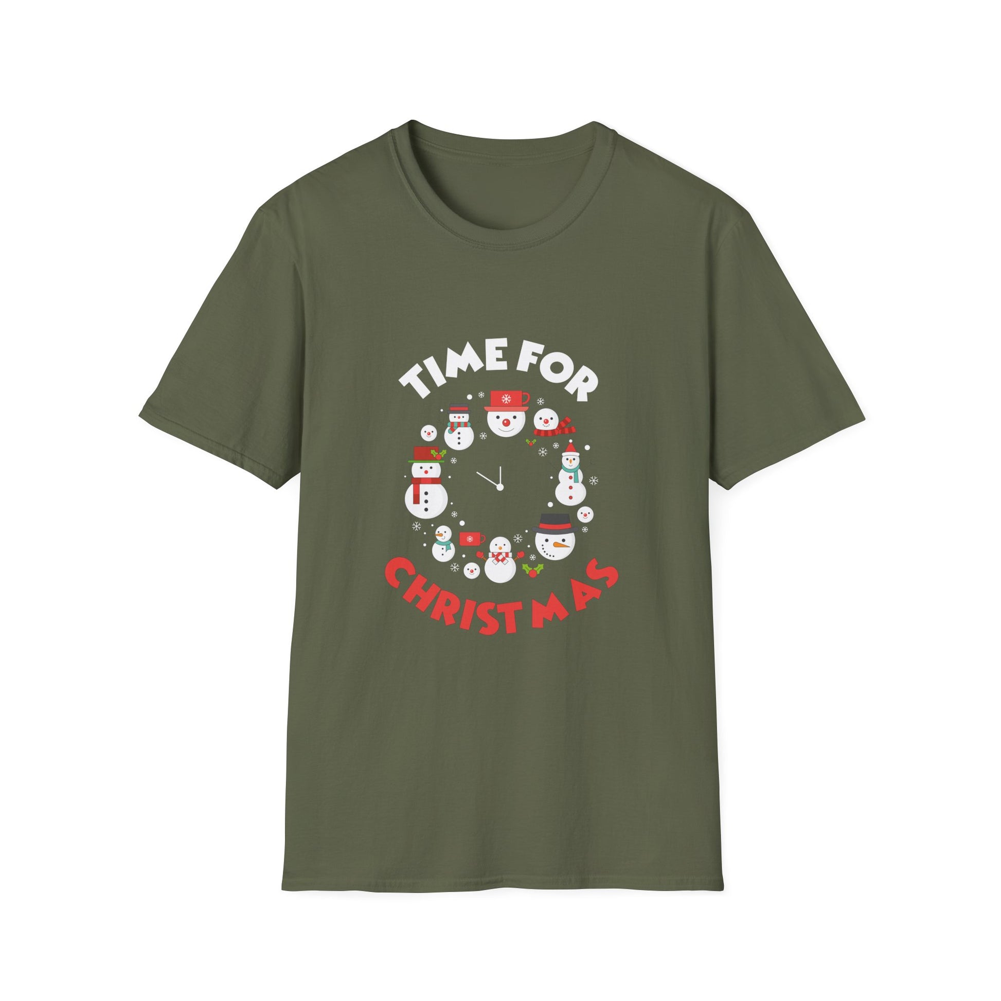 Christmas T-Shirt — "Time for Christmas" Snowman Clock Holiday Tee