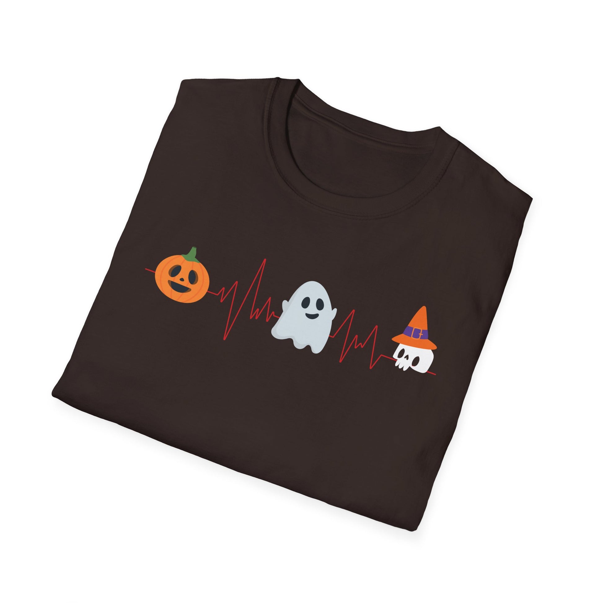 Halloween Heartbeat T-Shirt — Pumpkin, Ghost & Candy Skull Graphic Tee