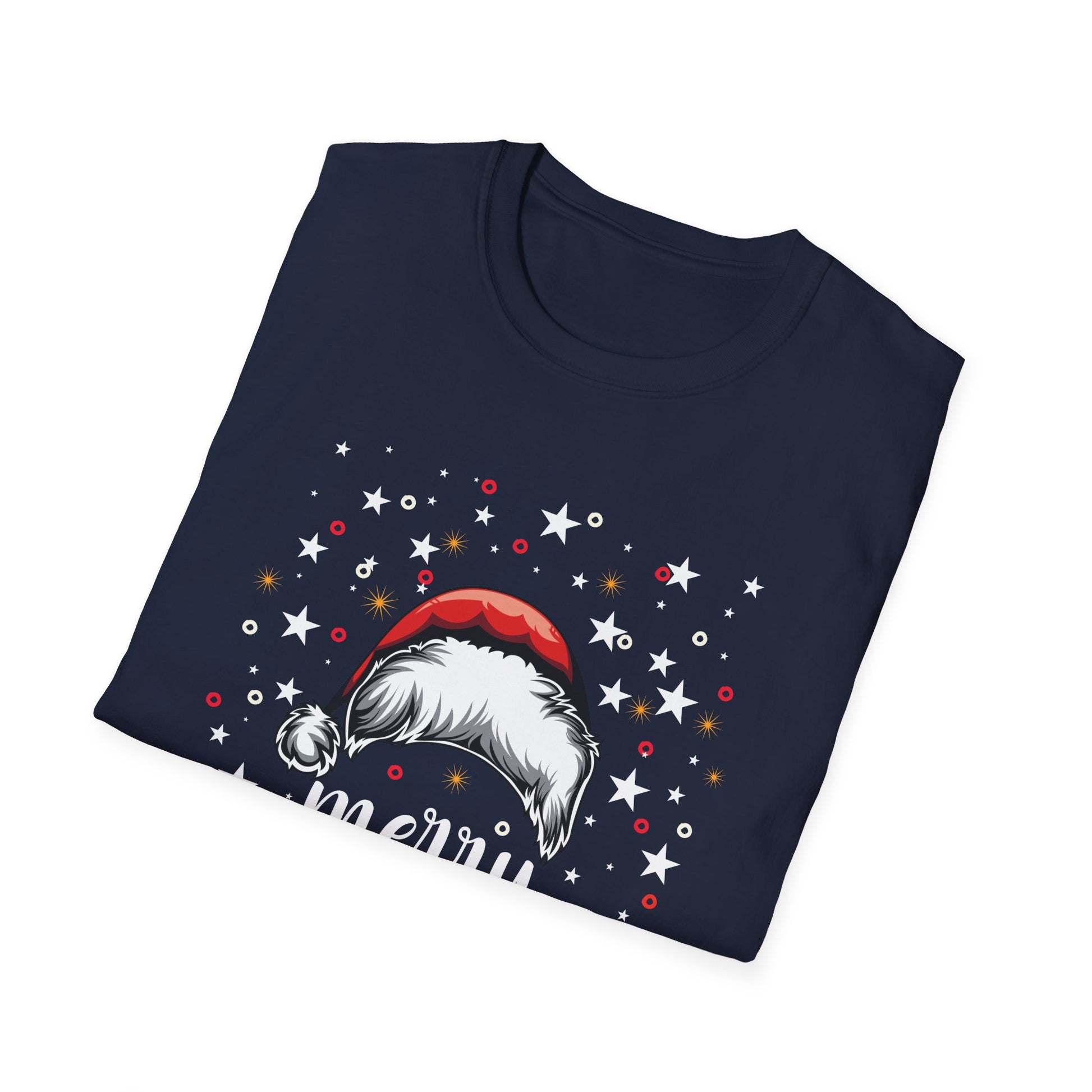 Christmas T-Shirt — "Merry Christmas" Santa Hat & Lights Holiday Tee