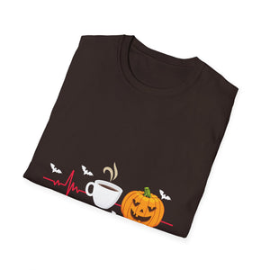 Halloween Coffee T-Shirt — Pumpkin, Bat & Heartbeat Graphic Tee