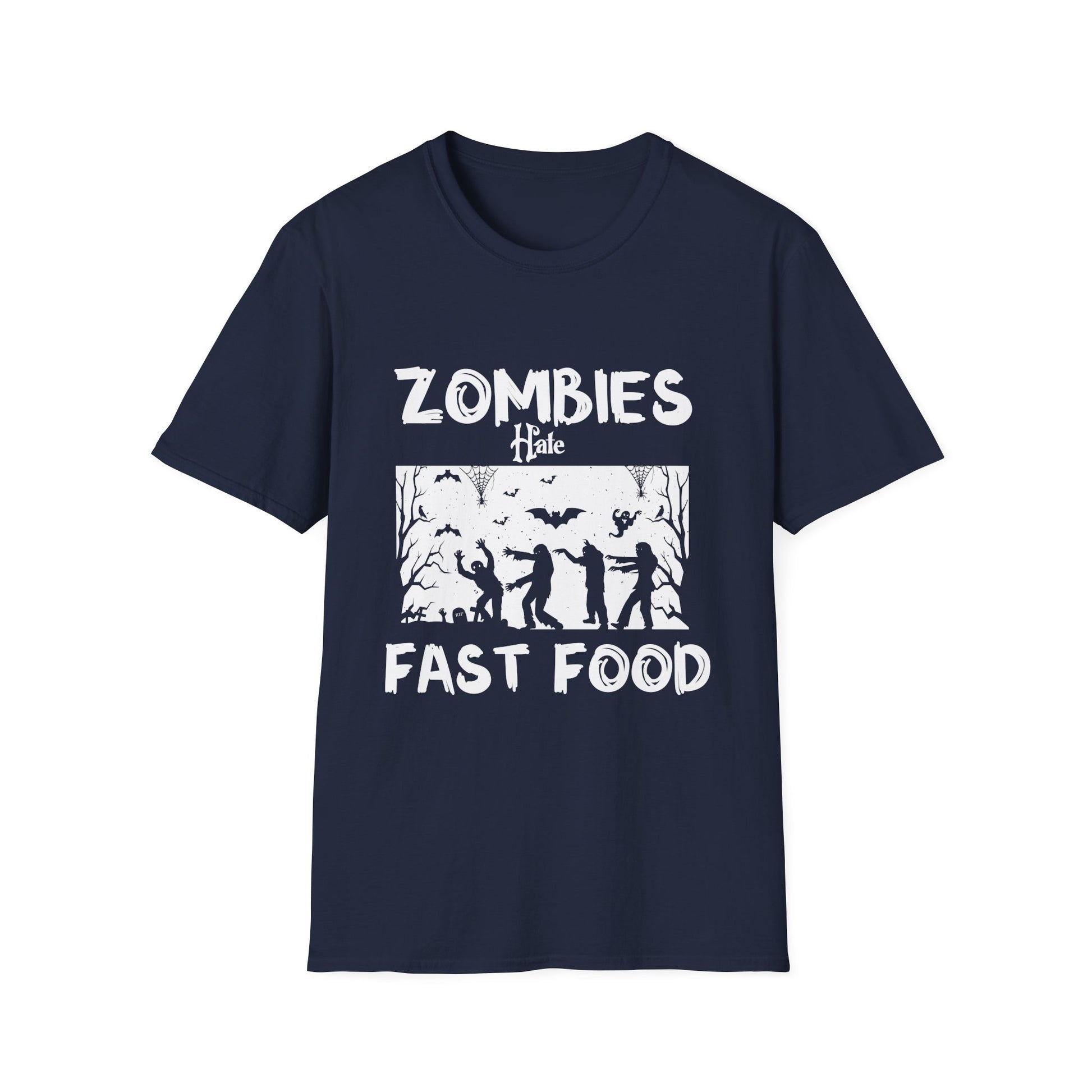 Zombies hate fast food Halloween Fan Funny Halloween T-Shirt-productor-mockup