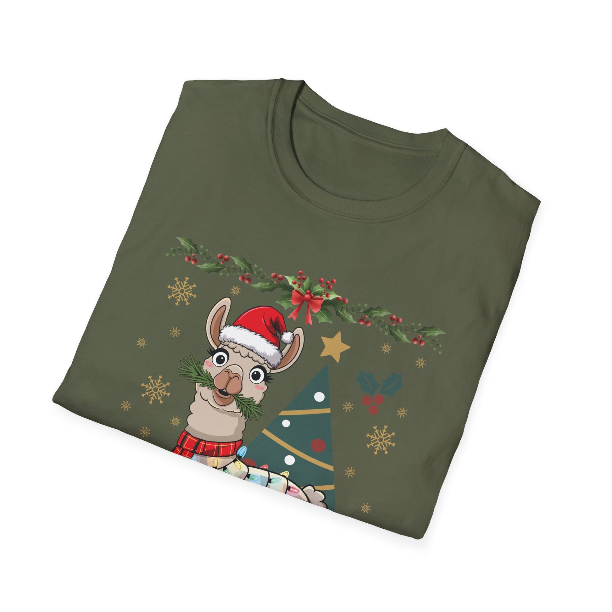 Christmas Llama T-Shirt — Festive Holiday Alpaca with Lights & Tree