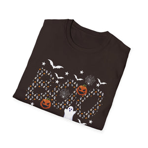 Halloween Boo Ghost Pumpkin T-Shirt — Spooky Bat & Candy Pattern Tee