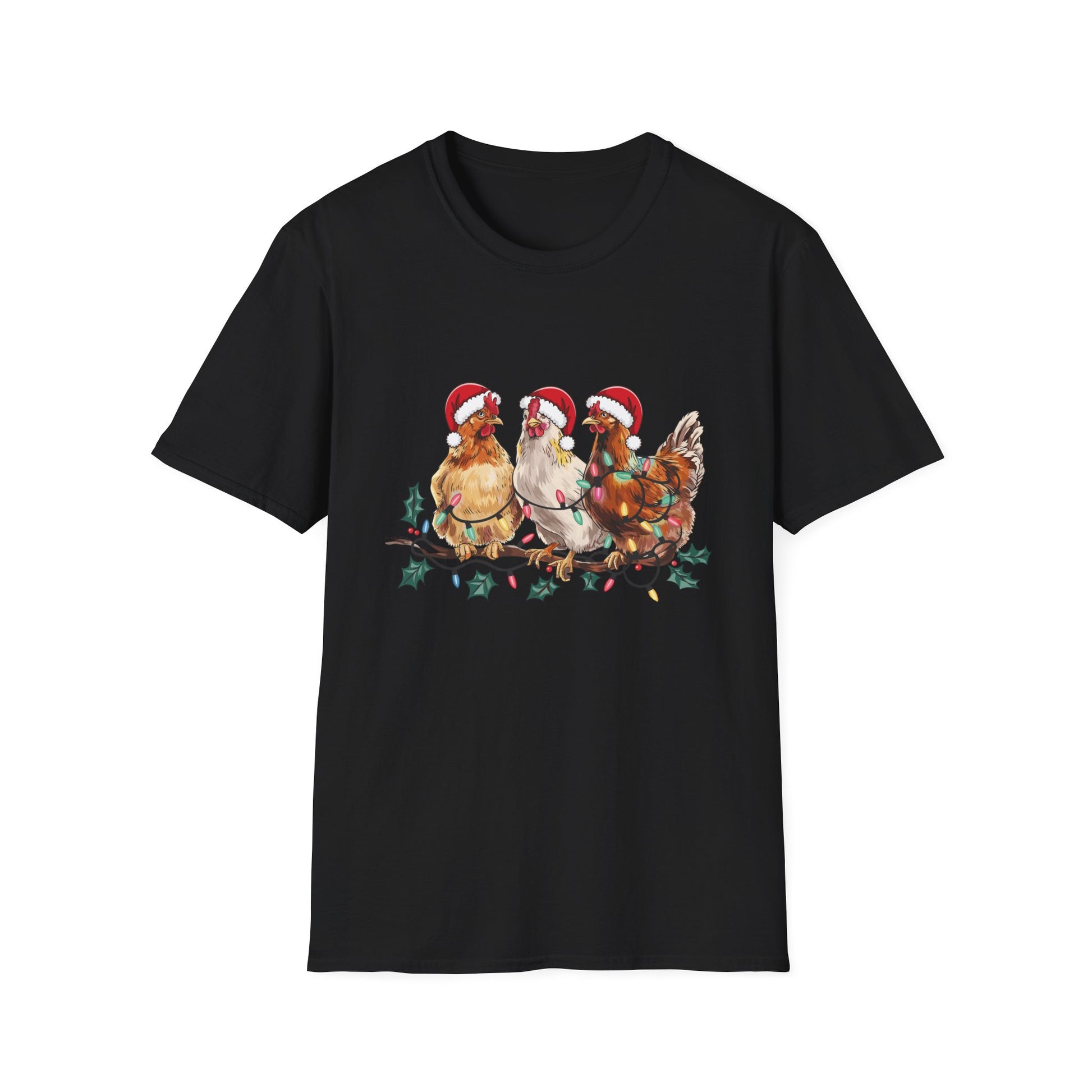 Christmas Chickens T-Shirt — Festive Hens in Santa Hats Holiday Tee