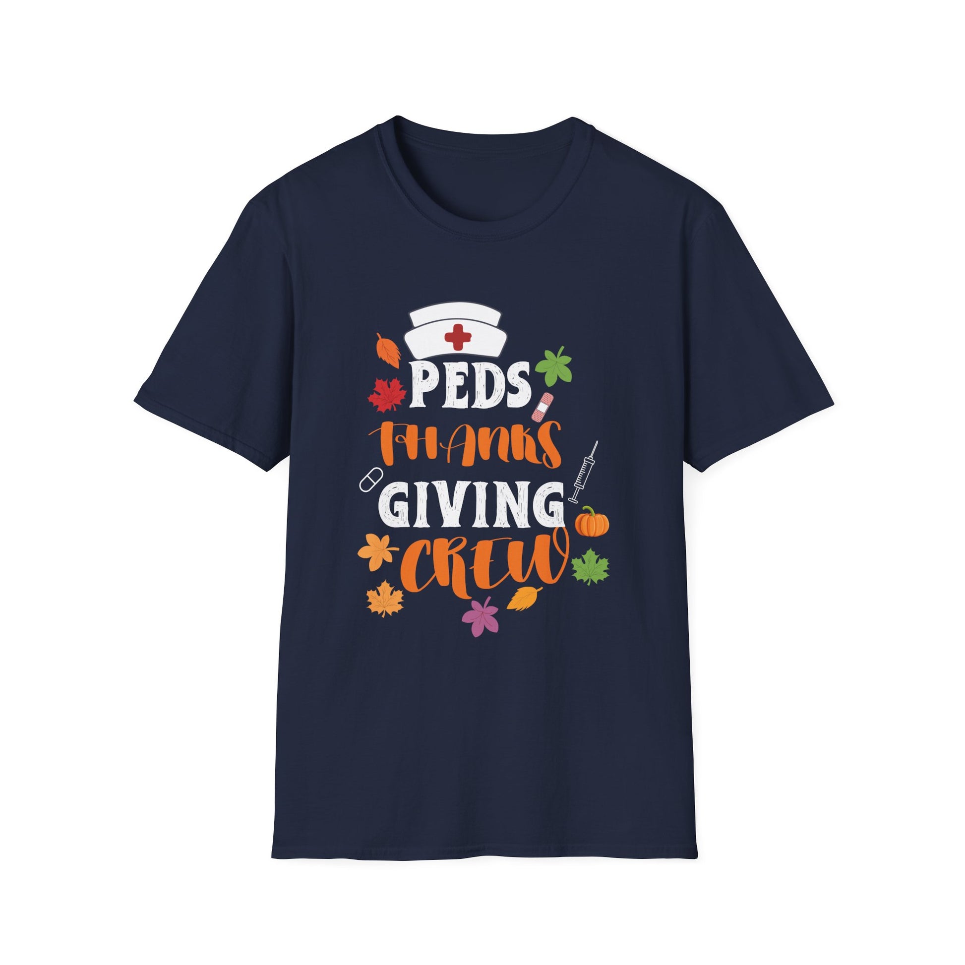 Peds Nursing Thanksgiving Crew T-Shirt – Cute Nurse Hat & Fall Leaves Design