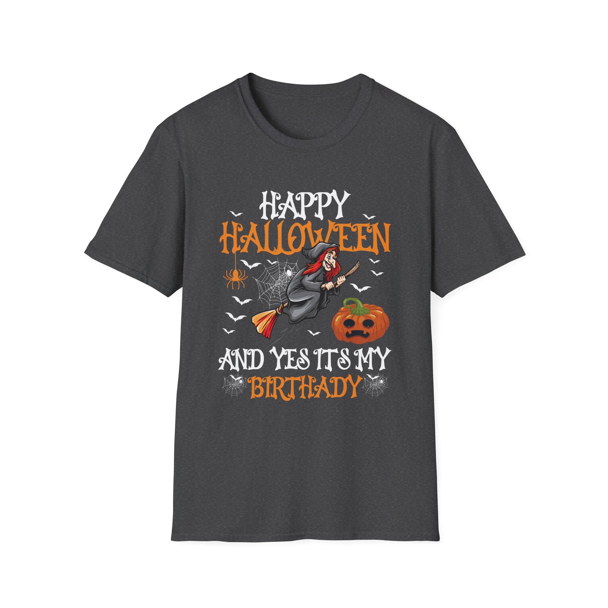 Halloween Birthday T-Shirt – “Happy Halloween And Yes It’s My Birthday” Pumpkin & Witch Tee