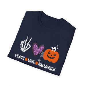 Peace Love Halloween skeleton Hands Funny Halloween Costume TeeUnisex Softstyle T-Shirt