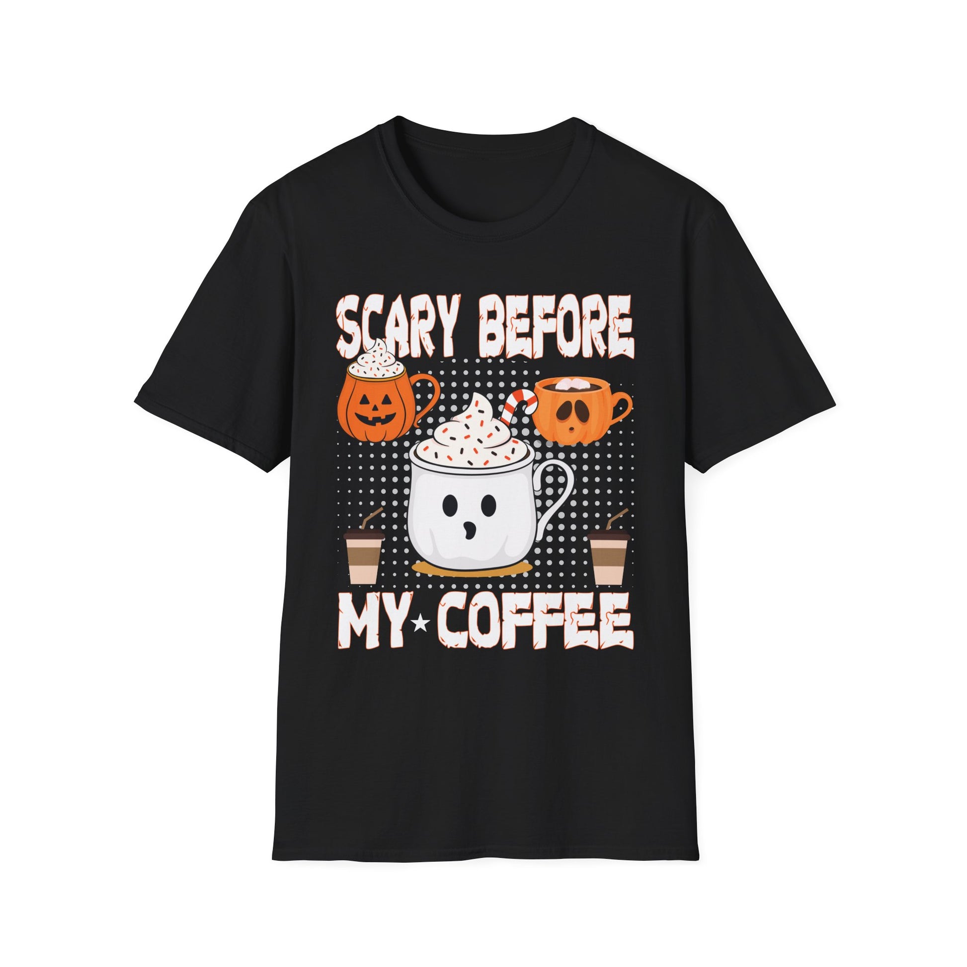 Halloween Coffee T‑Shirt — "Scary Before My Coffee" Cute Pumpkin & Mug Graphic