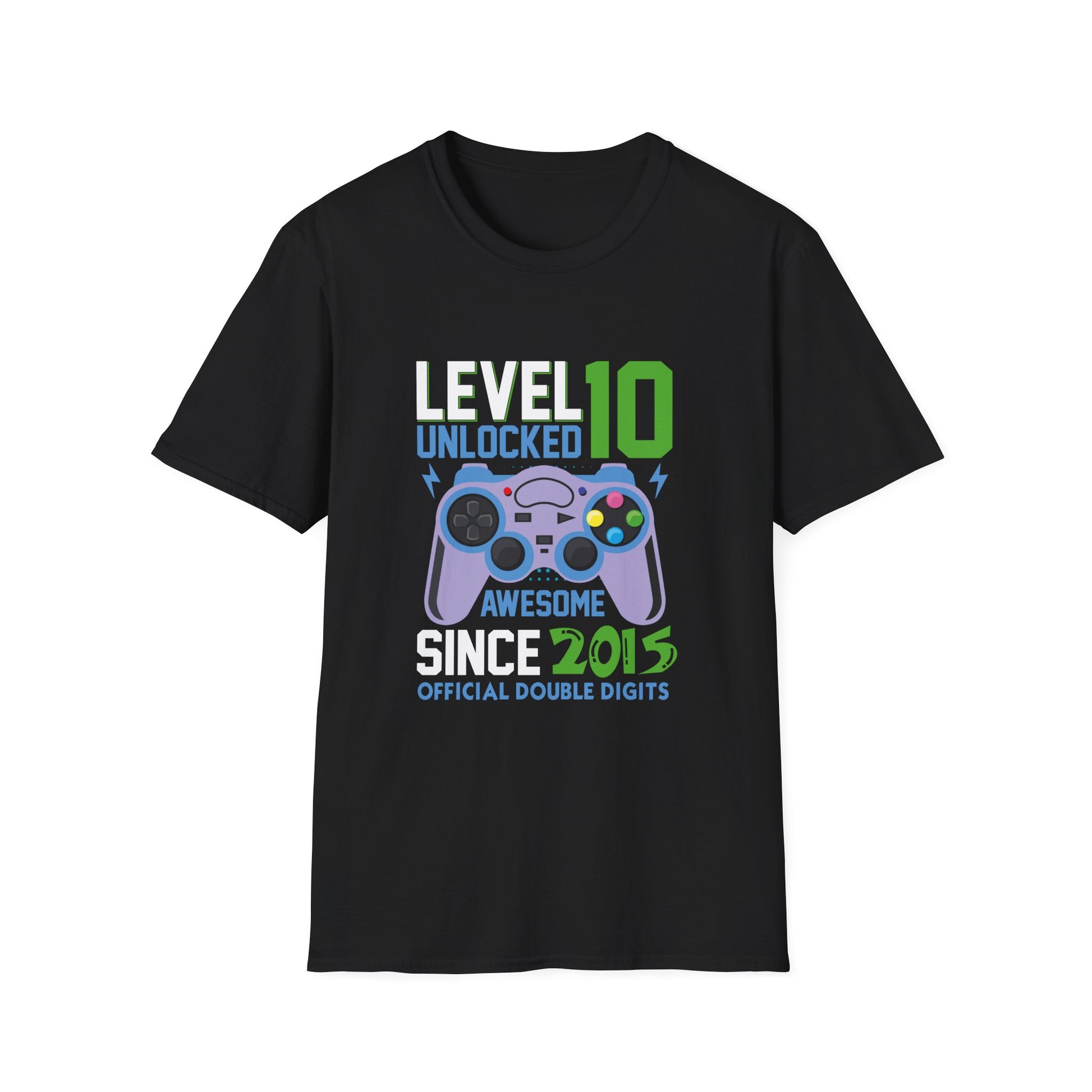 Level 10 Unlocked Since 2015 Gamer T-Shirt — Birthday Gift for 10-Year-Old Kids