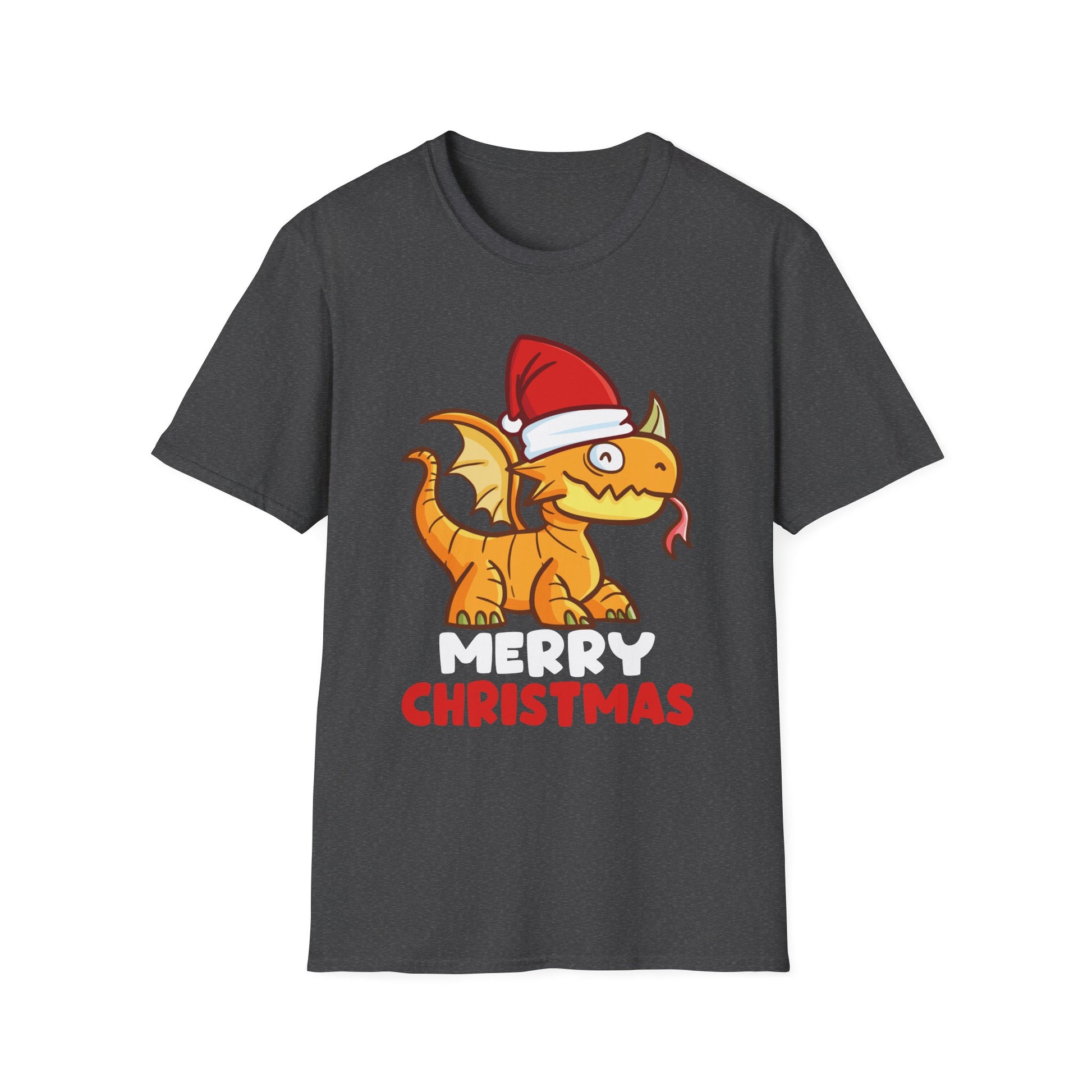 Christmas Dragon T-Shirt — Cute Cartoon Dragon in Santa Hat, "Merry Christmas" Holiday Tee