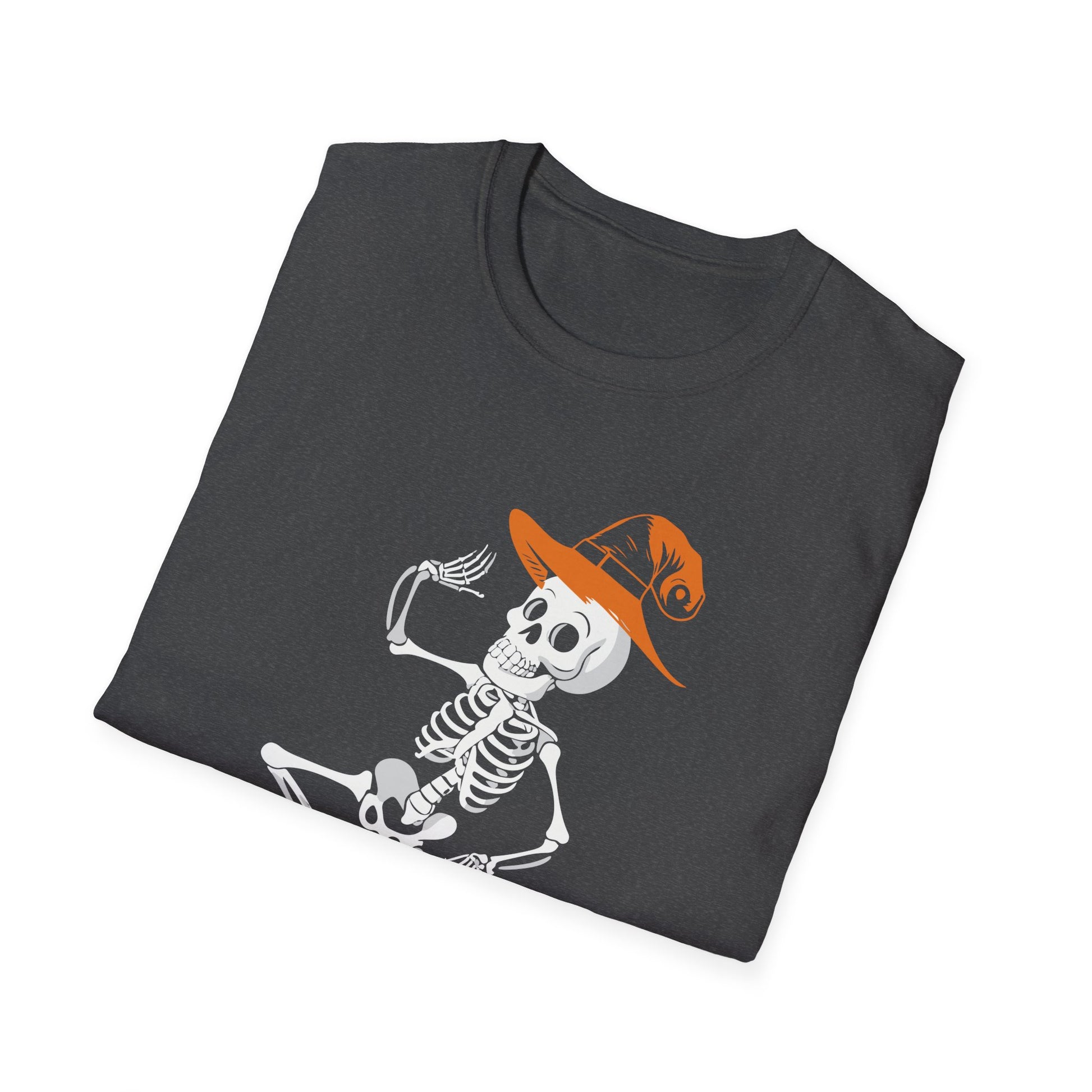 Dancing Skeleton Tee with Orange Witch Hat – Halloween Party T-Shirt