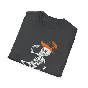 Dancing Skeleton Tee with Orange Witch Hat – Halloween Party T-Shirt